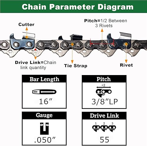Miniatura 4 de Cadena de motosierra de 16 pulgadas, paquete de 3 unidades S55, paso LP de 38 pulgadas, calibre 0.050 pulgadas, 55 eslabones de transmisión de