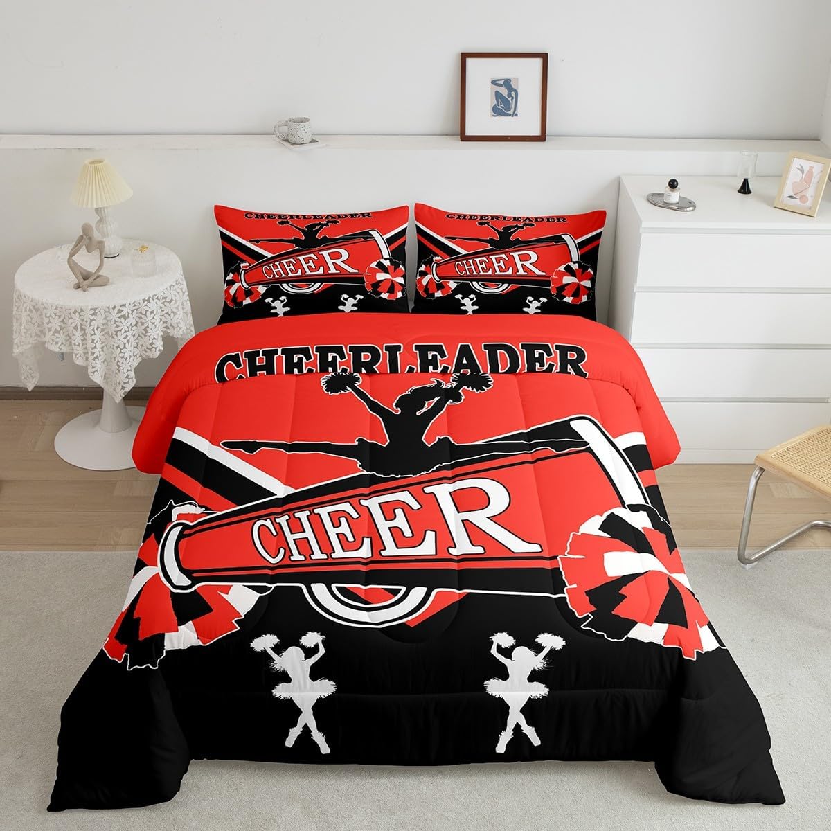 Erosebridal Cute Cheerleader Twin Bedding Sets Black and Red Comforter Set, Cheerleading Bedding Comforter Sets Dancer Theme Duvet Insert, Cheerleading Dance Down Comforter for Girls Bedroom Decor