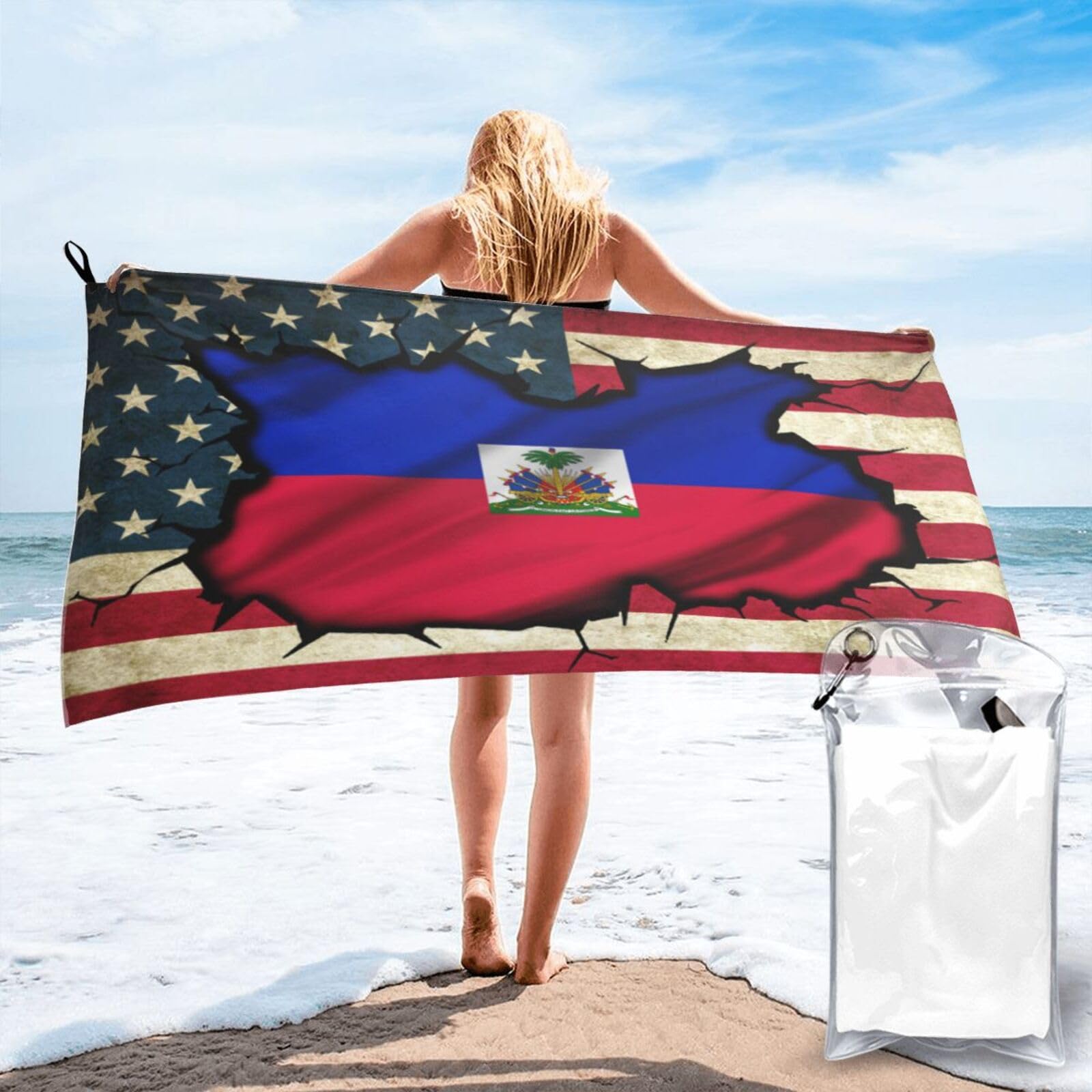HACXZ Vintage America Flag and Haitian Flag Absorbent Beach Towel Microfiber Beach Towel Lightweight 31.5"X63"