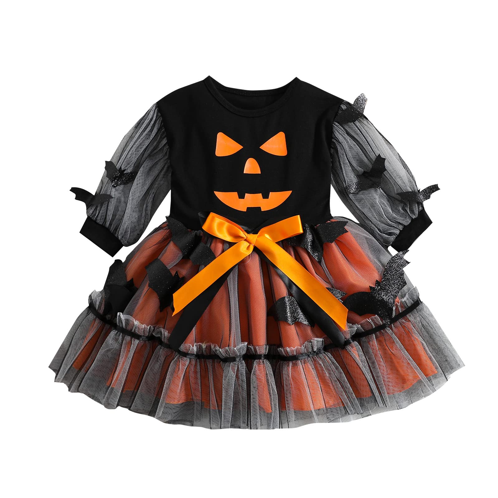 HodJIU - Disfraz de Halloween para niña con estampado de calabaza, vestido de tutú de manga larga, disfraz de Halloween para niña