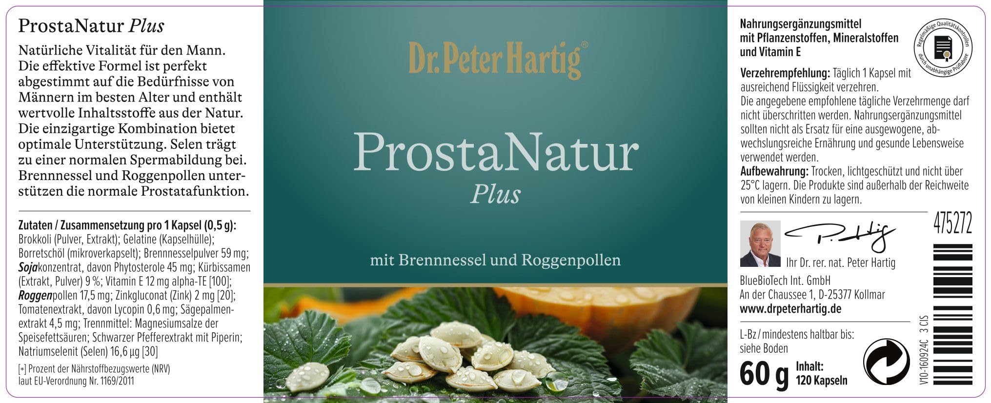 Dr. Peter Hartig ProstaNatur Plus, unterstützt ihre Prostata, Zink, Selen, Vitamin E, 120 Kapseln 4-Monats-Vorrat lactose- und hefefrei