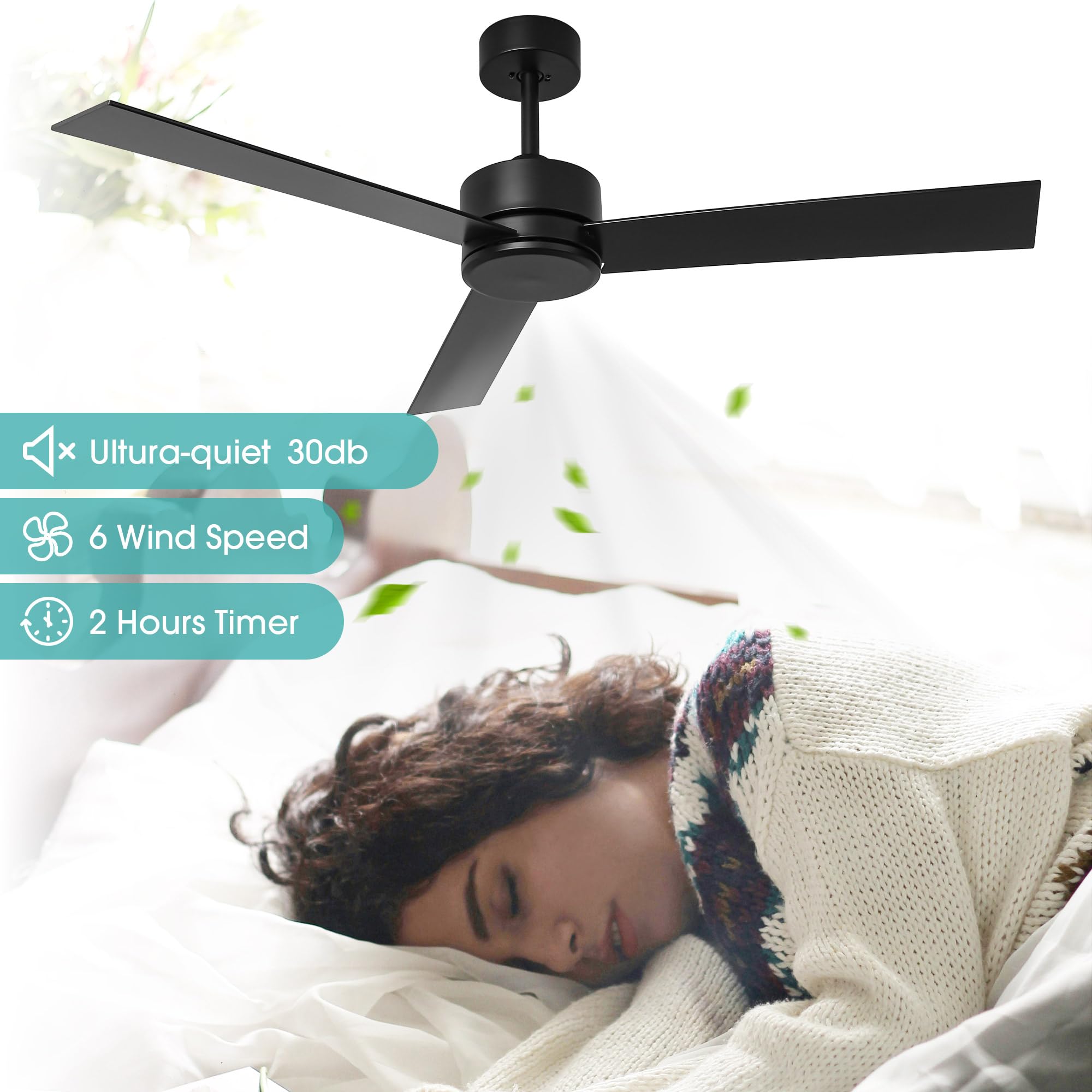 Ceiling Fan without Light, 52 Inch Modern Ceiling Fan No Light with
