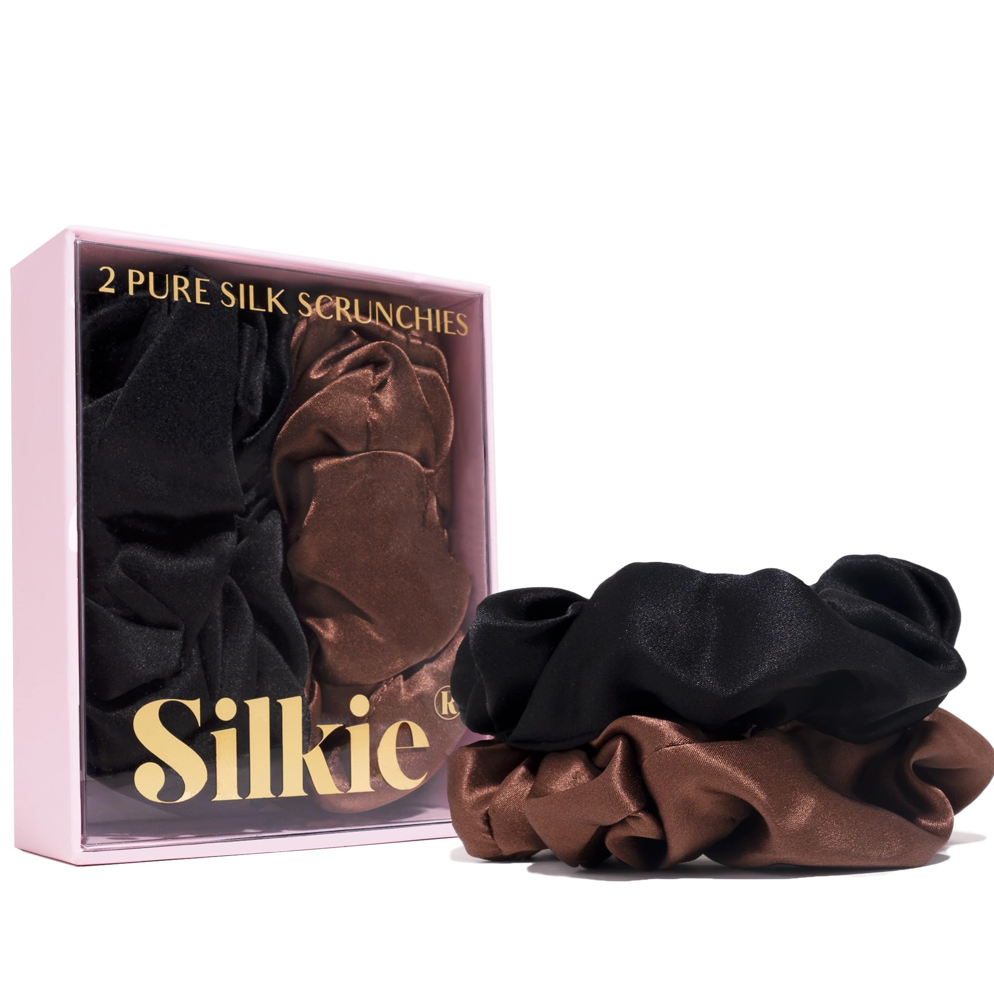 SILKIE x2 Set 100% Pure Mulberry Silk Cream Coffee Black Large Oversized Scrunchies Silk Travel Pouch Hair Ties Elastics Hair Care Premium Ponytail Holder No Damage