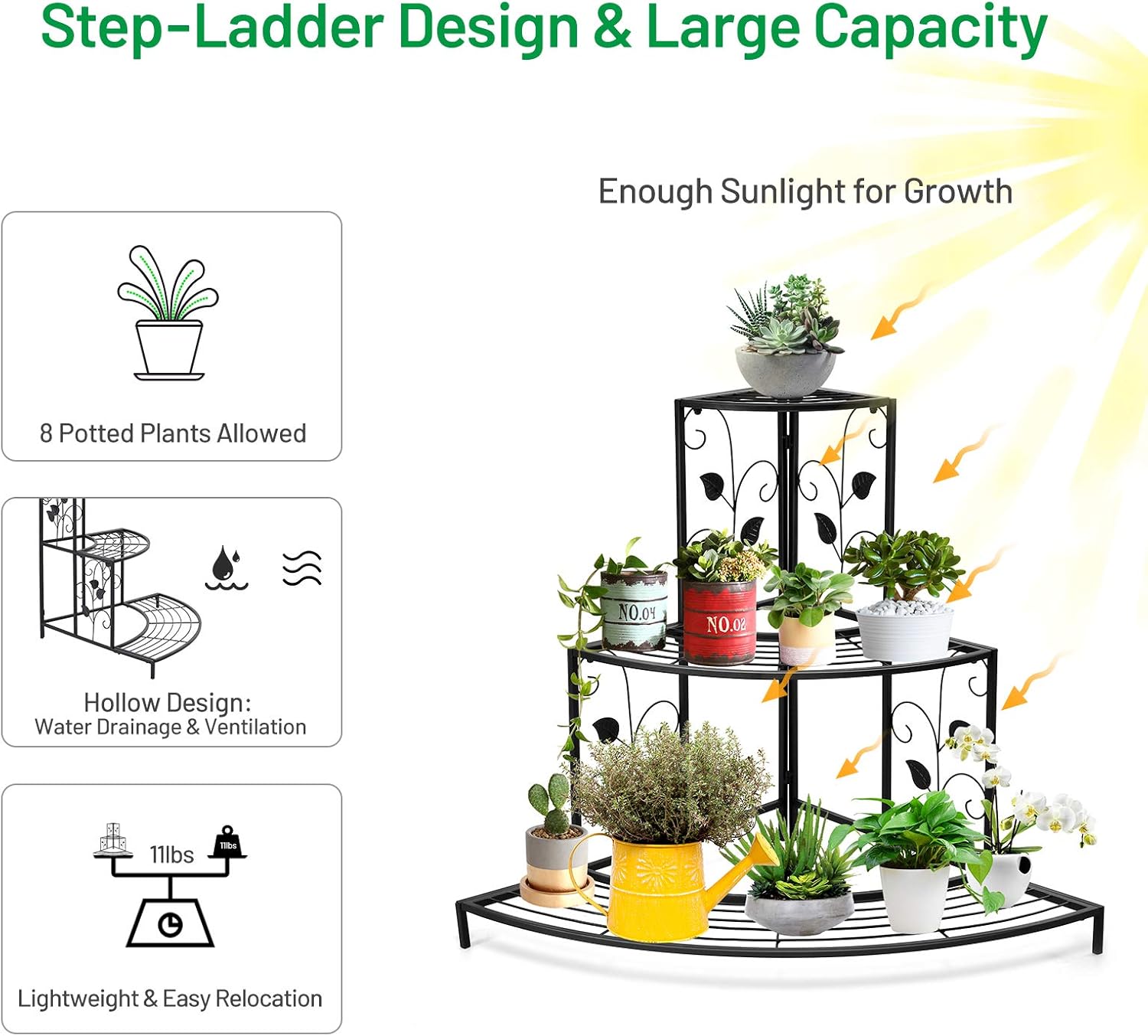 S AFSTAR Corner Plant Stand, 3-Tier Mental Plant Stand, Plant Flower Pot Display Rack, Pot Holder Shelf, Rustproof Ladder Potted Shelf, Outdoor Plant Stands for Patio Garden Yard Balcony (Black)