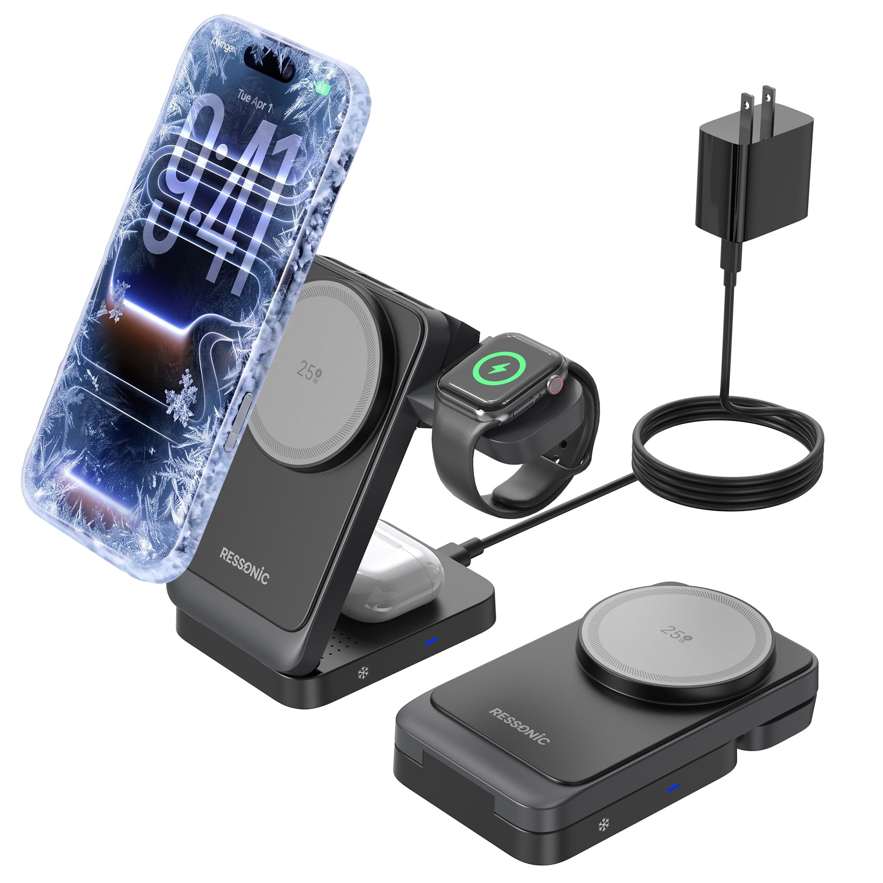 Station de charge sans fil pliable 3 en 1, support de charge rapide multi-appareils pour smartphones, montres intelligentes, écouteurs sans fil, station de charge portable pour bureau, chambre à