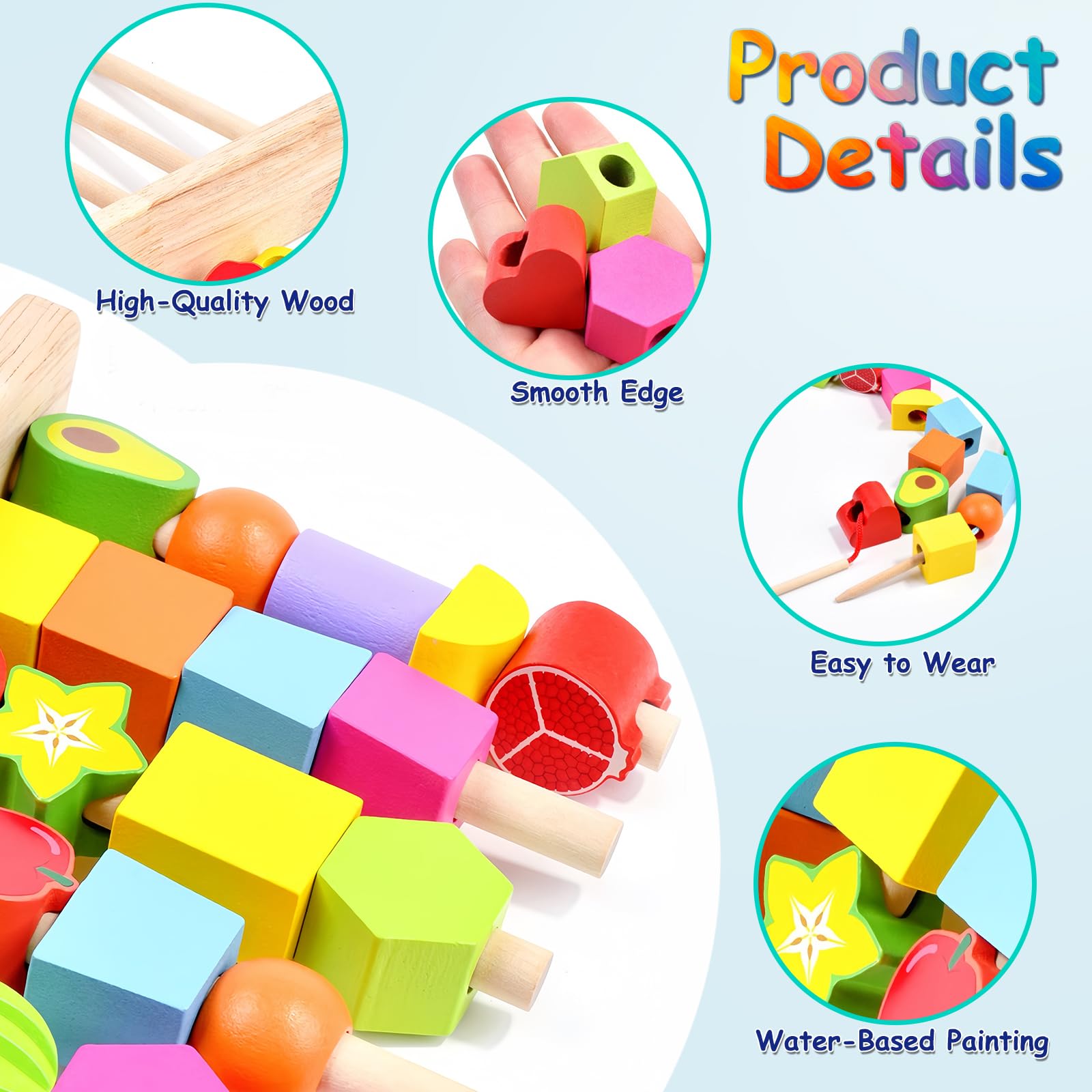 Echehi 2-in-1 Montessori Threading Toys for Toddlers Fine Motor Skills Development, Wooden Stacking Blocks, Lacing Beads - Image 3