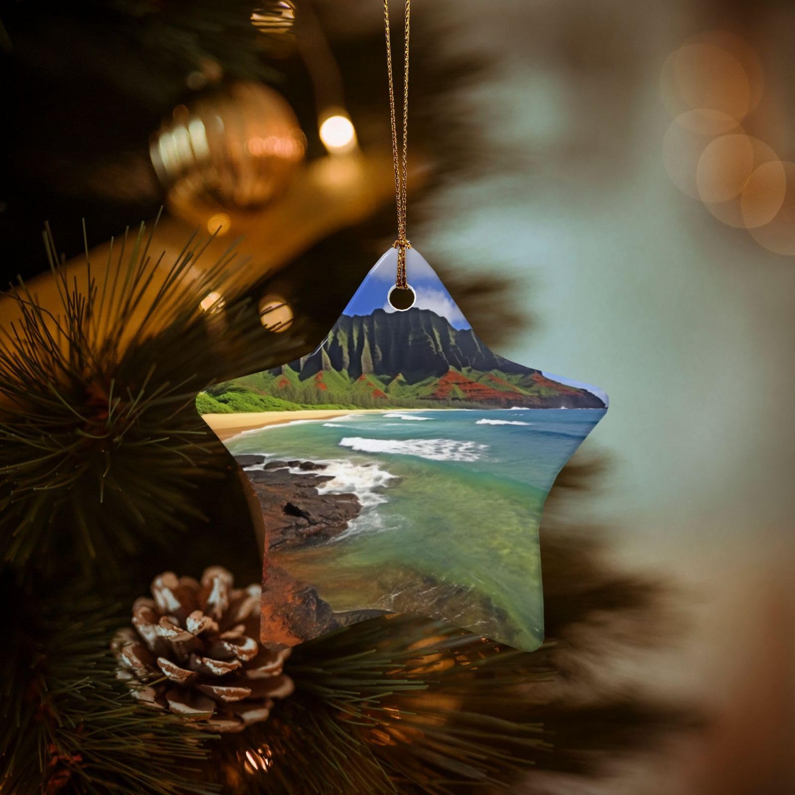 Christmas Ornaments for Christmas Tree Decoration Hanging Kauai Hawaii Seashore Ornament with Gold Ribbon Crafts Star Shape Ceramic Pendant for Keepsake Gifts Xmas Decor Party Supplies