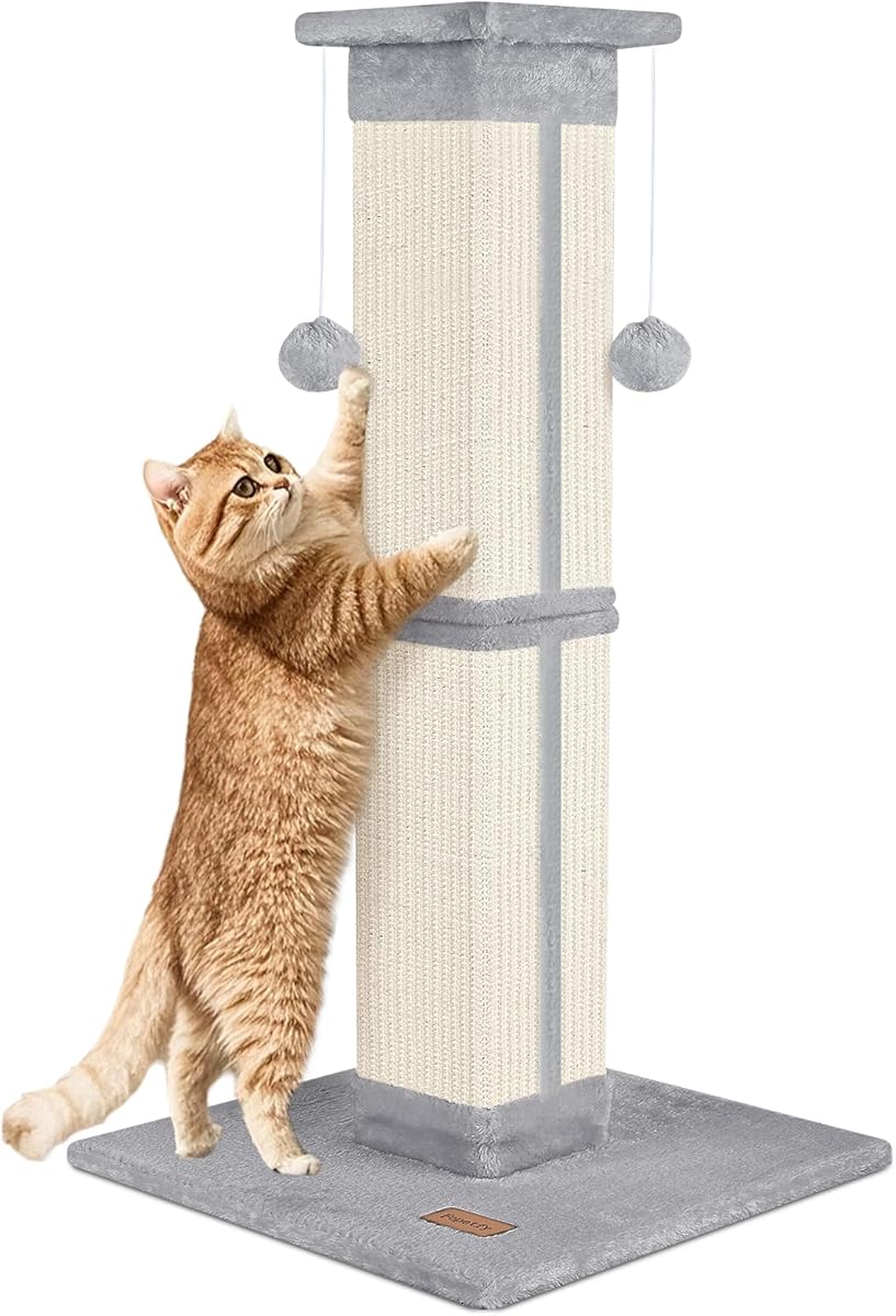Fopetfy Cat Scratching Post 33 inch for Indoor Cats, High Cat Scratch Post Grey, Cat Tree for Full-Body Stretching, Protect Your Furniture