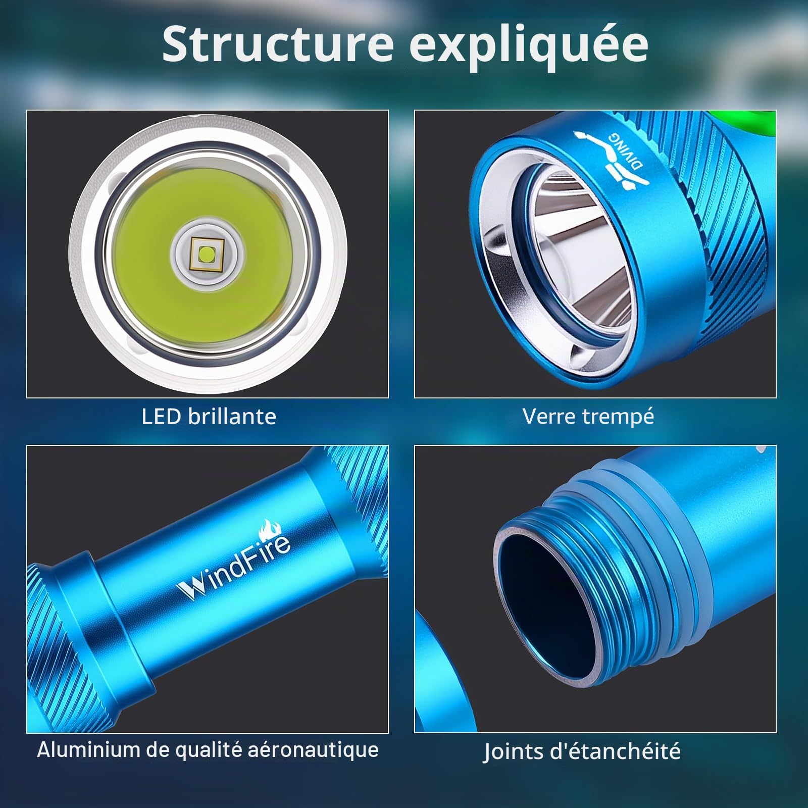 Windfire Lumière de Plongée 6000 LM Lampe de Poche Sous-Marine 3 Modes Indicateur de Puissance, Professionnelle IP68 Lampe de Poche Étanche Rechargeable