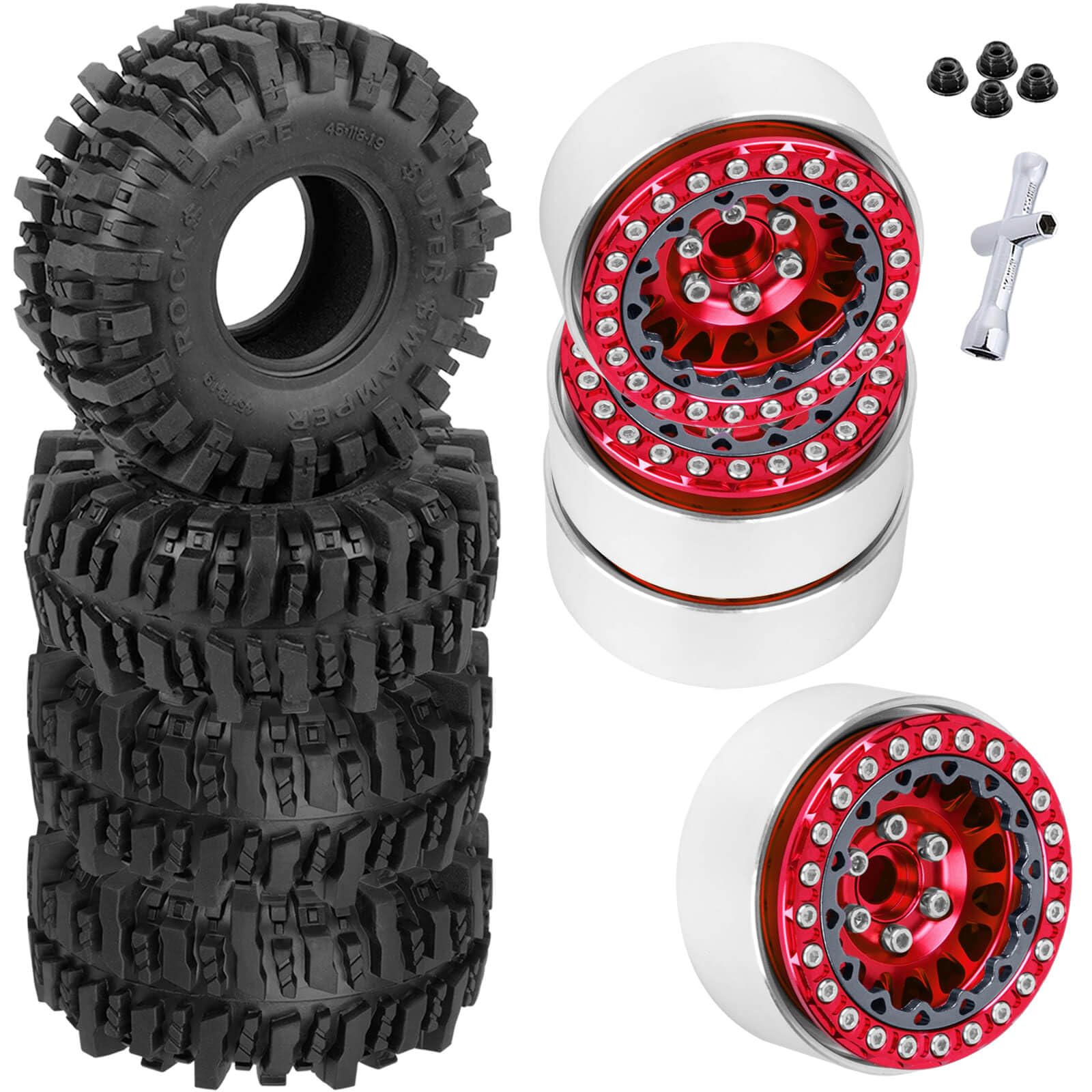 BRCatWPark RC 1.9 Beadlock Wheels and Tires for 1/10 TRX4 TRX6 SCX10 SCX10 II 90046 SCX10 III AXI03007 SCX10 Pro Gen7/8 D90 VS4-10 MST CFX RC Crawler Car,4PCS Beadlock Rims 1.9 Wheel Tires,Red — image 1