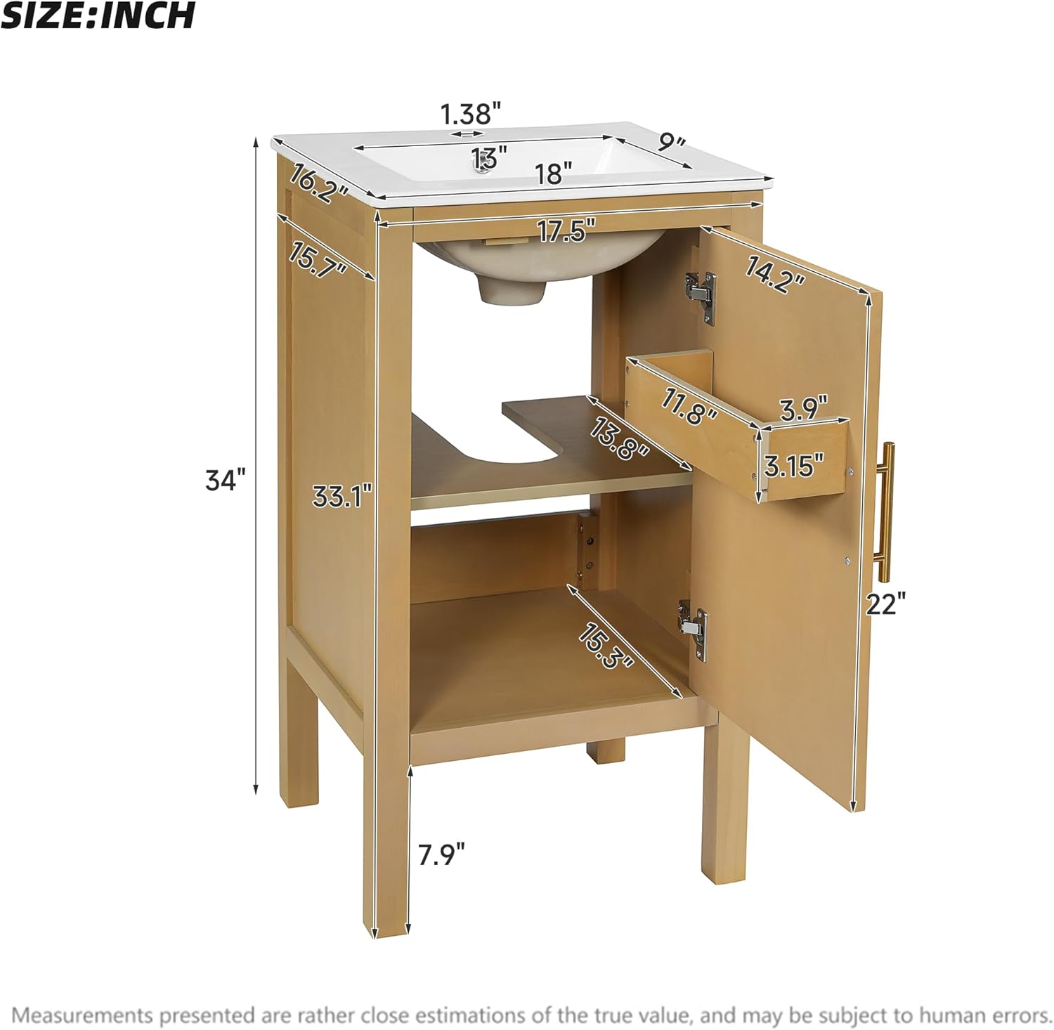 18 Inch Bathroom Vanity with Sink, Adjustable Shelf & Soft-Closing Hinges, Modern Bathroom Storage Cabinet with Cabinet Door Organizer for Small Space, Natural Wood