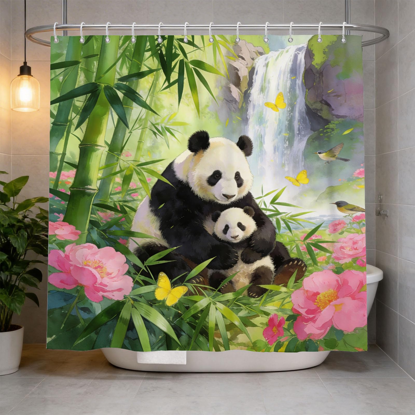 Hongduo 3D Panda Bear Shower Curtain for Stalls Bathtubs Bamboo Woods Bathroom Decor Shower Curtain Set Polyester Fabric Waterproof 180x180cm/71X71 Inch with Hooks