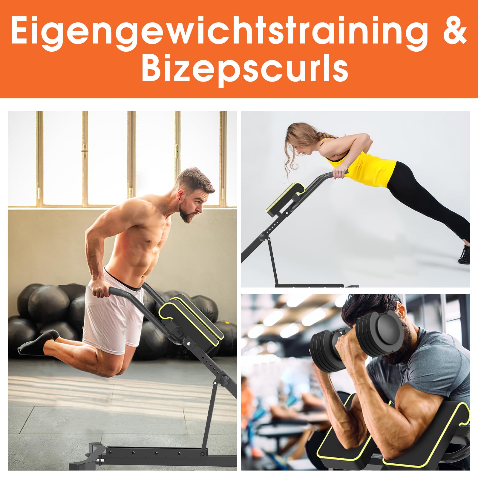 DH FitLife Rückenstrecker, 5-in-1 Hyperextension Rückentrainer bis 150 kg | Klappbar & verstaubar｜Bauchmuskeltrainer & Bauchtrainer｜Bizeps-Curls｜Dip-Training｜Roman Chair｜Verstellbare Hantelbank
