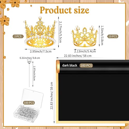 Miniatura 2 de Honoson 100 hojas de papel de regalo de flores negras, suministros de ramo de floristería con 12 piezas de mini corona dorada para torta y 100 pines