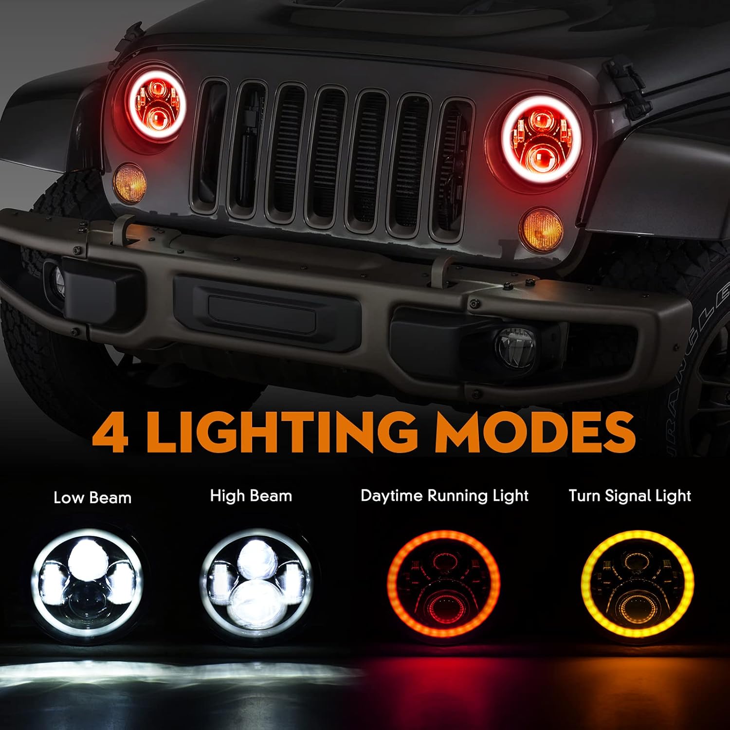7 Inch LED Halo Headlights with Red Halo Ring Angel Eyes, Hi/Lo Beam, Amber Turn Signal, DOT Approved, Wrangler Headlights for JK LJ CJ TJ, 2PCS