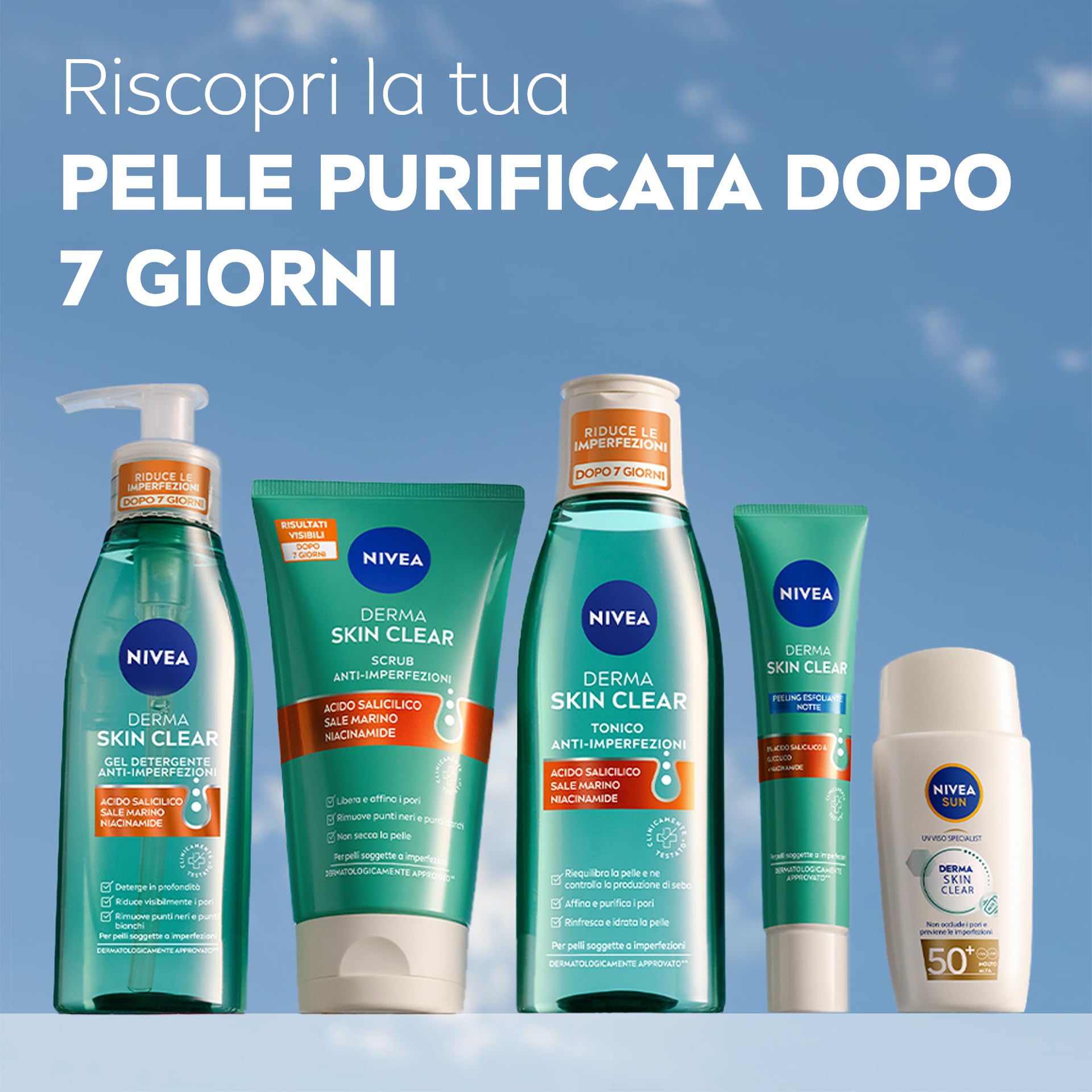 NIVEA Derma Skin Clear Skincare Kit Anti-Imperfezioni con Gel Detergente Viso 150 ml, Peeling Notte Esfoliante 40 ml e Siero Viso Perfezionante & Riequilibrante 30 ml per pelli miste e grasse