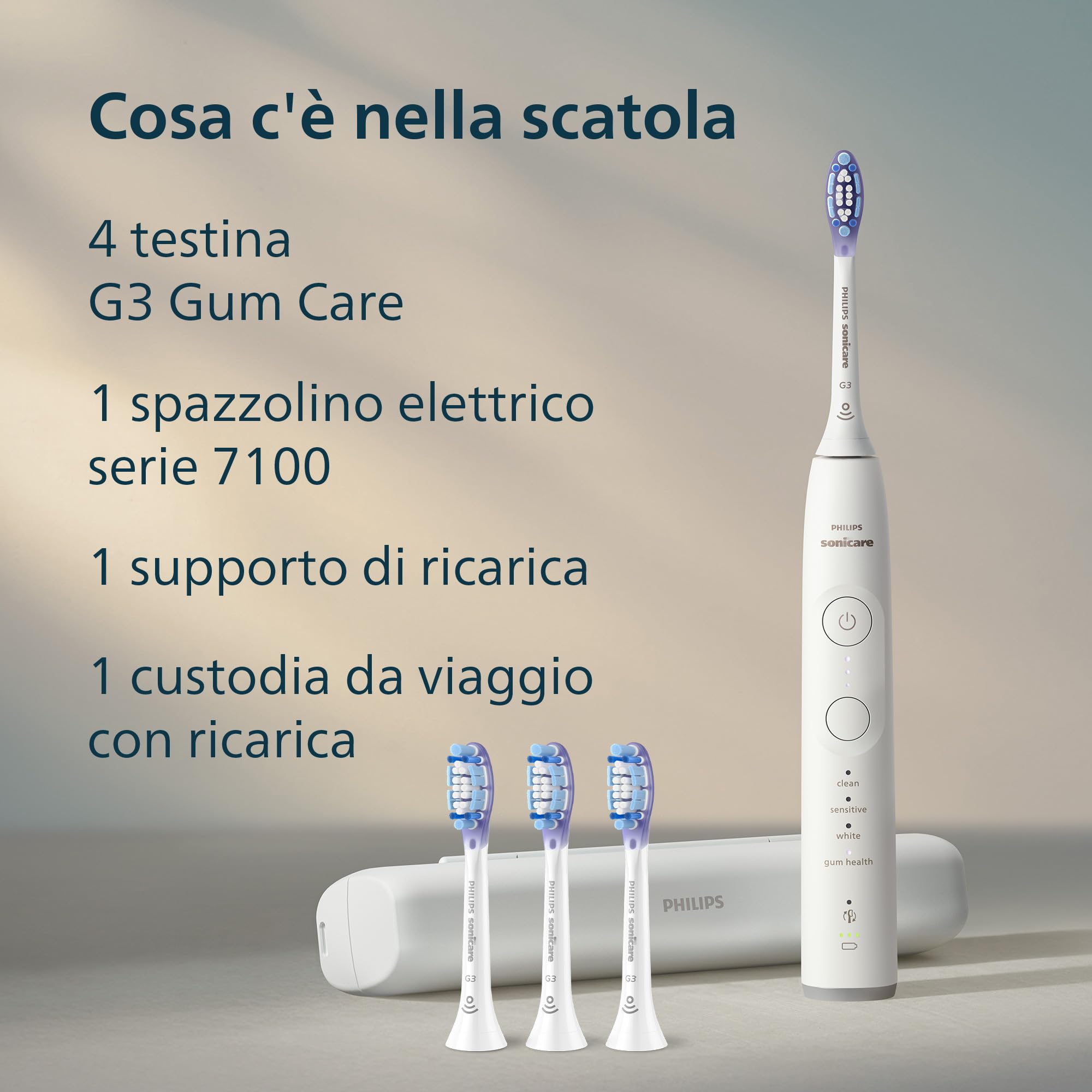 Philips Sonicare 7100, spazzolino elettrico sonico con app, 4 modalità di spazzolamento e 3 livelli di intensità, avviso di pressione, EasyStart, SmarTimer, bianco, HX7420/08 [Nuova tecnologia]