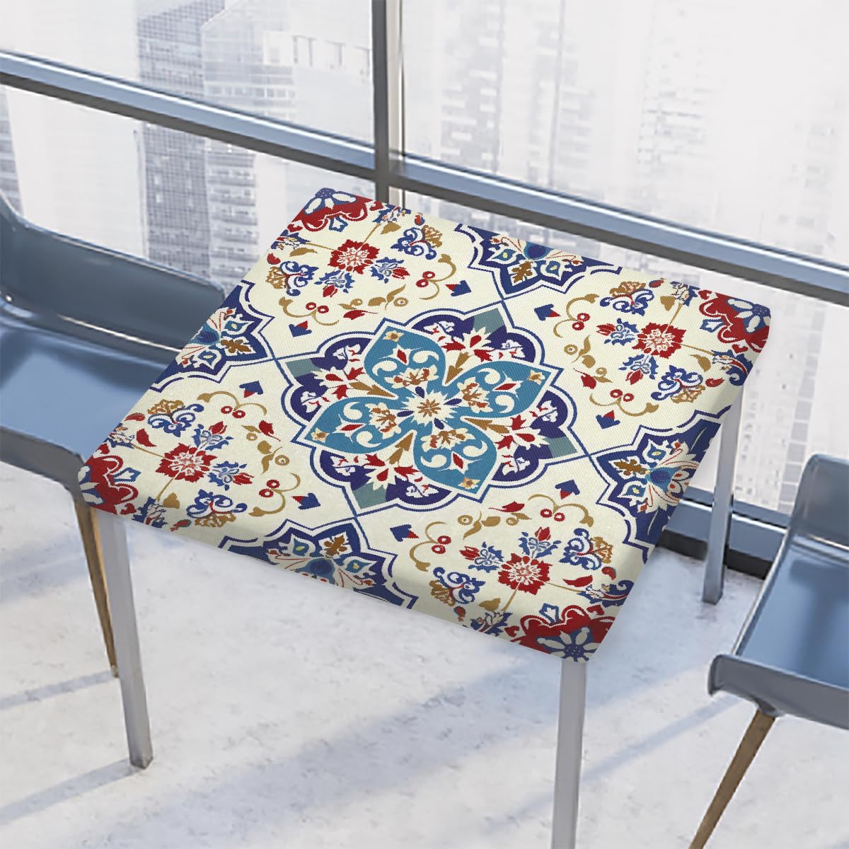 Ethnic Mandala Moroccan Seamless Pattern Square Tablecloth with Elastic Edgs, Waterproof Fitted Table Cover Cloth 117x117 cm for Dining Kitchen Table