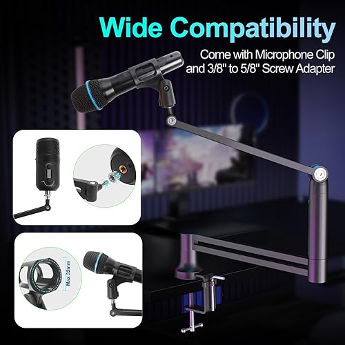 Miniatura 6 de Brazo de brazo de bajo perfil para Blue Yeti - Soporte de brazo de micrófono resistente con adaptador de 38 pulgadas y 58 pulgadas, rotación de 360,