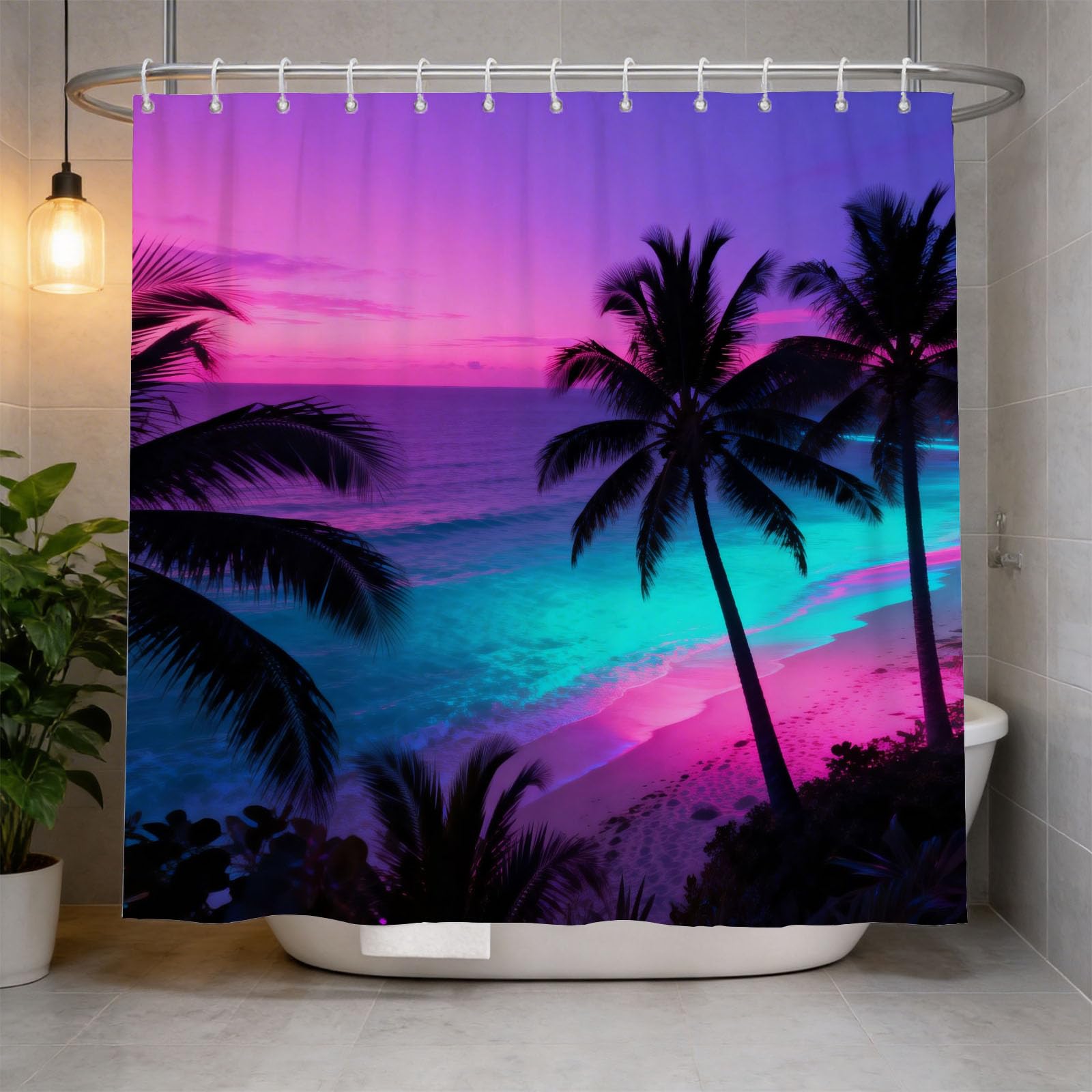 Hongduo White 3D Fluorescent Beach Shower Curtain For Stalls Bathtubs Ombre Bathroom Decor Shower Curtain Set Polyester Fabric Waterproof 120X180cm/48X71 Inch With Hooks
