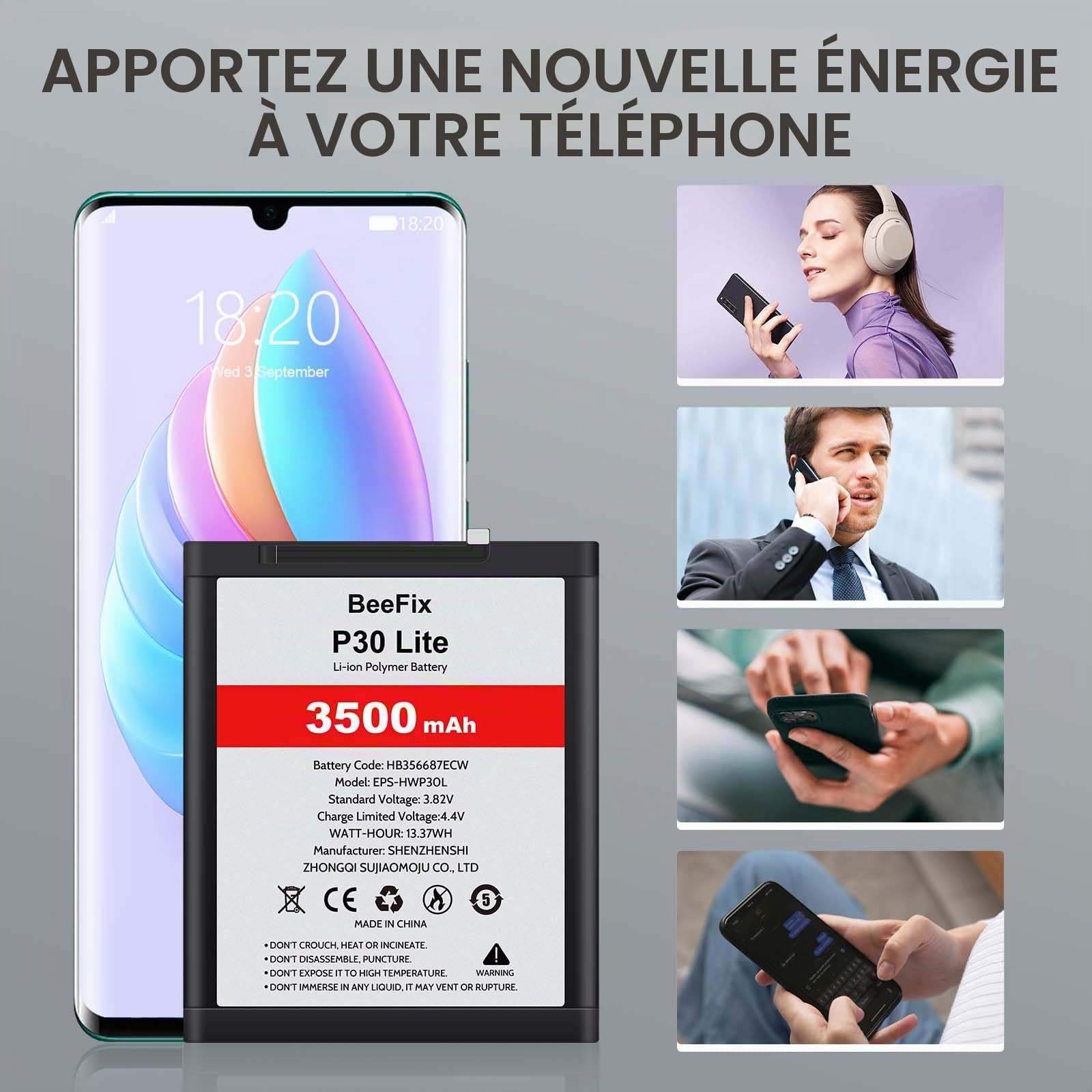 Batterie compatible avec P30 Lite/Mate10 Lite (HB356687ECW), batterie de rechange haute capacité Li-ion polymère 3500 mAh avec kit de réparation