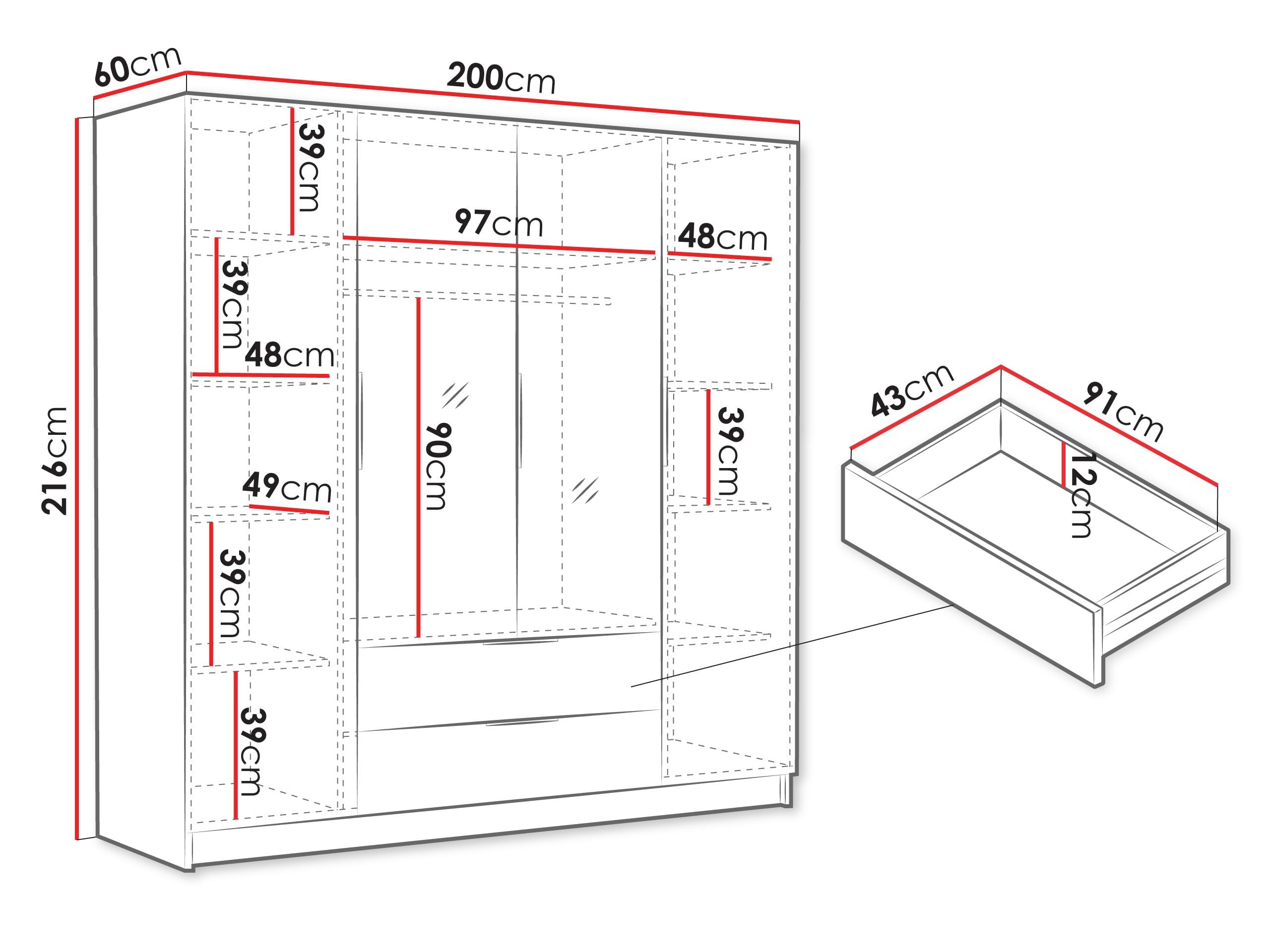 Mirjan24 Kleiderschrank mit Spiegel Sozor II 200, Schrank, Garderobe, Organizer, 4-türig, 2 Schubladen für mehr Stauraum, Aluminiumgriffe, gedämpftem Schließsystem (Weiß/Weiß Hochglanz + Schwarz)