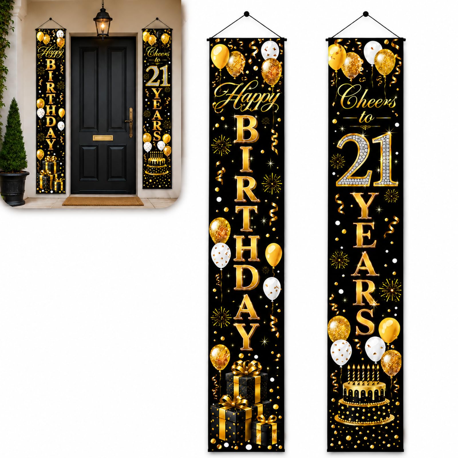 Black Gold 21st Birthday Bunting Banner for Party Decoration Fabric Door Wall Hanging with Pre-Installed Hanging Pole, Reusable Indoor Outdoor Atmosphere Prop for Celebrations, Home