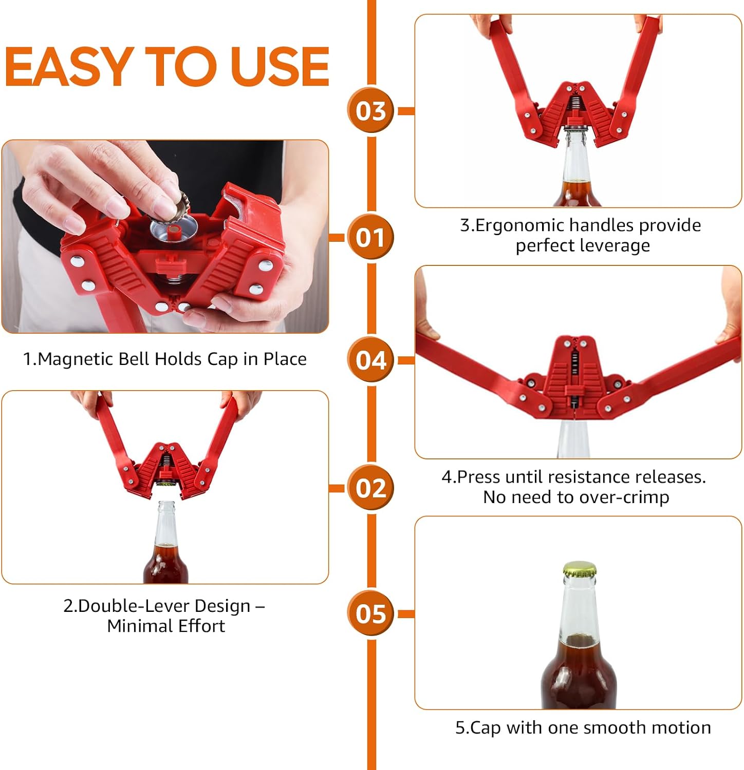 Manual Bottle Capper Tool, Double Lever Hand Capper with 150 Crown Beer Bottle Caps | 3 colors caps (Silver, Black, Copper), home brewing, magnetic bell, effortless capping, heavy-duty build (Red Baron Style)