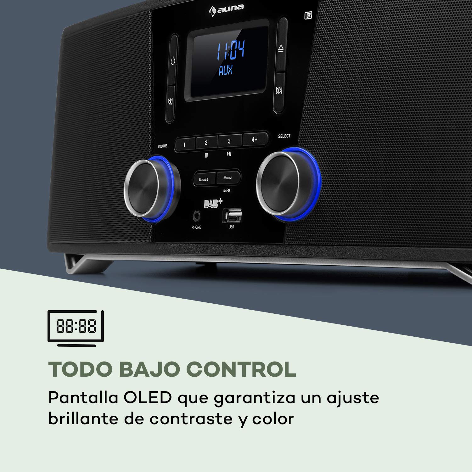 auna Stockton - Equipo de música estéreo, Potencia de 20 W, Radio Dab+/UKW, Función RDS, Reproductor de CD, Bluetooth, Puerto USB, Entrada AUX, Pantalla OLED, EQ, Programable, Despertador, Antracita