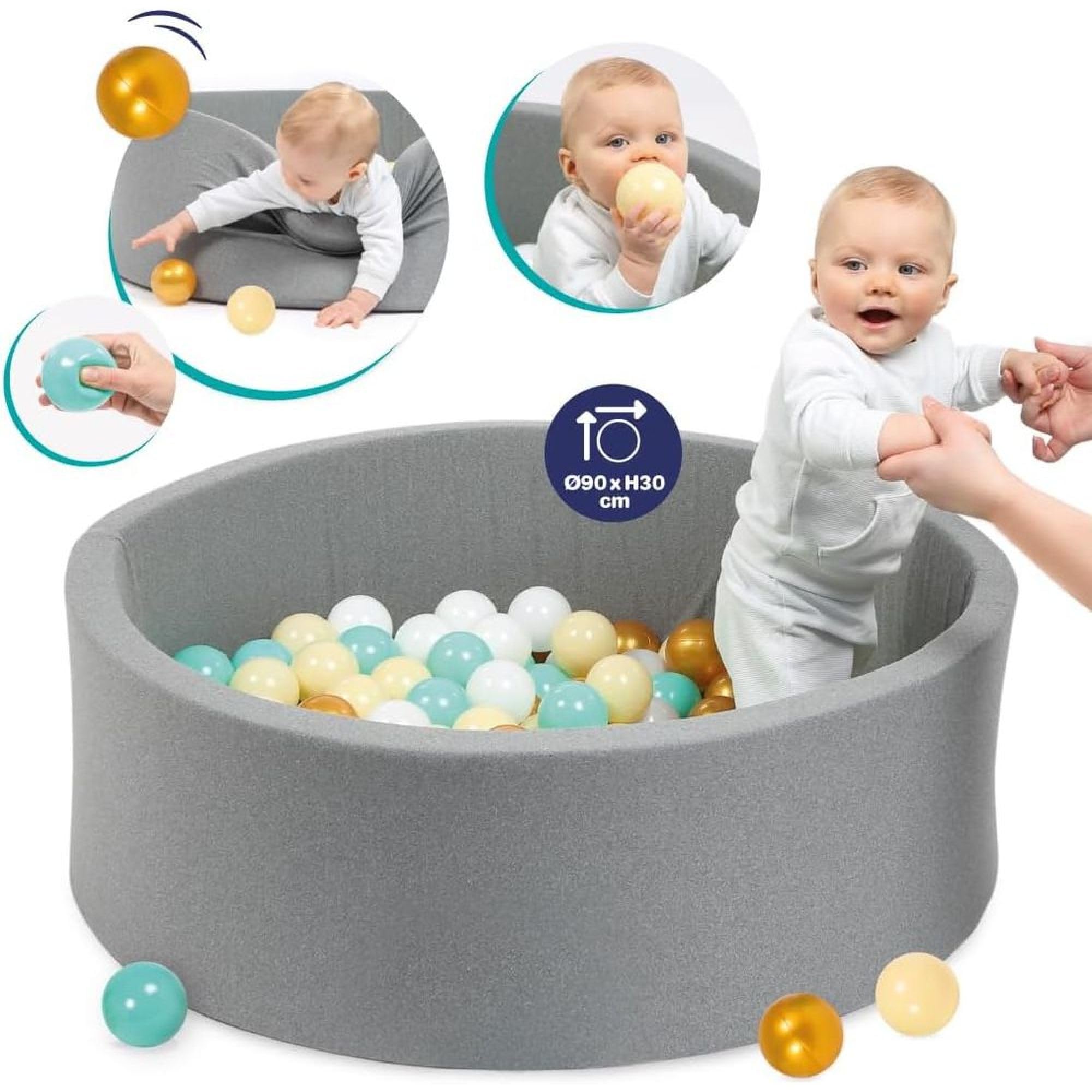 LUDI – Piscina Redonda de Espuma – Ø 90 cm x 30 cm – para bebé Desde 6 Meses – 100 Bolas Incluidas – Tejido Suave y Lavable – Color Gris – Promueve la Movilidad y la coordinación – Fácil de Montar