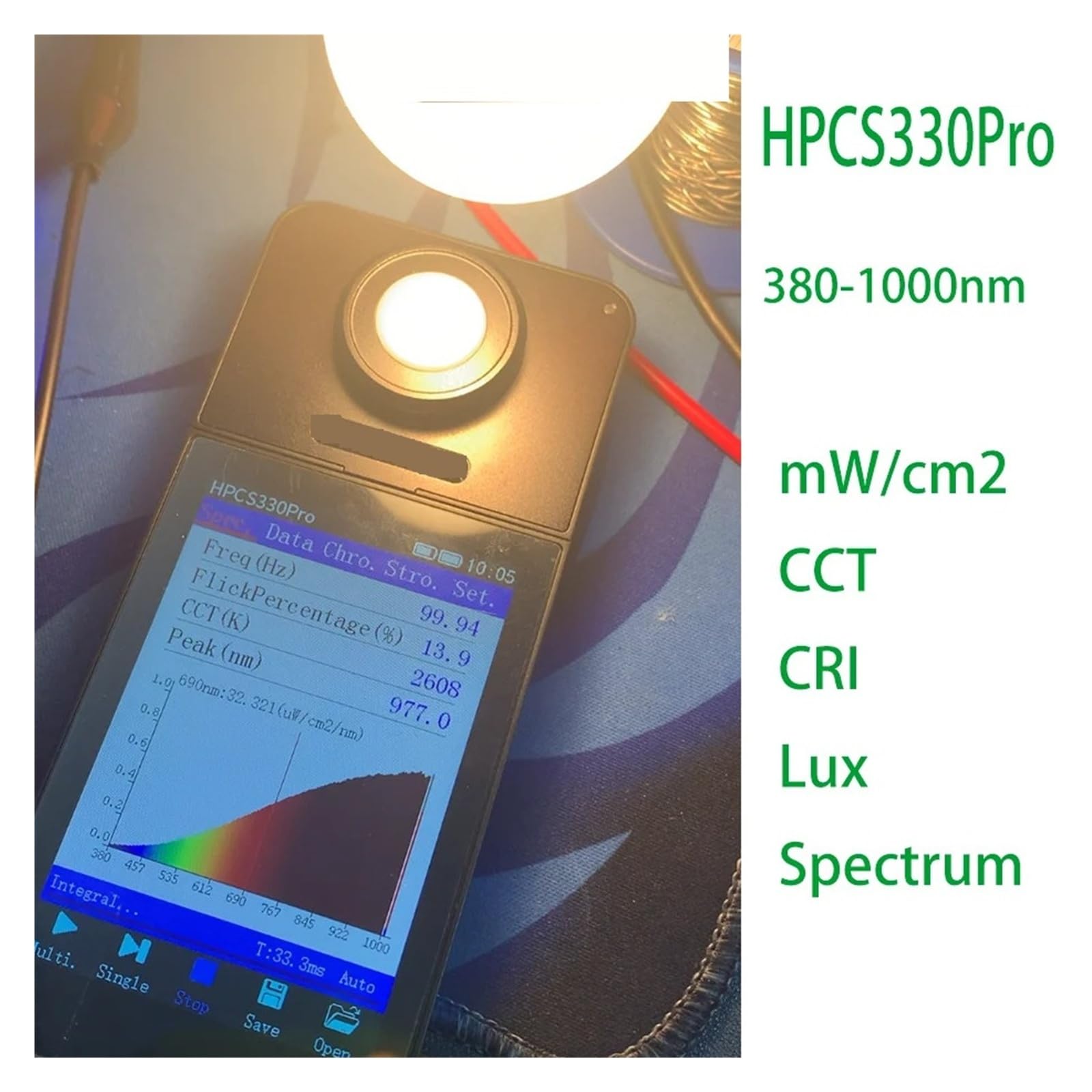 HPCS330Pro 380-1000nm Tester migotania światła Spektrometr Cct Cri Par Meter | Analizator widma światła MW/cm² CCT CRI