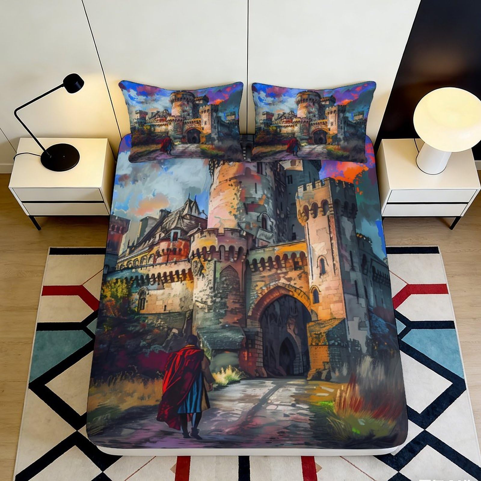 Pnayamiorkfel Style-3 3D Printed Fantasy Castle Fitted Sheet Microfiber Soft Medieval Fortress Bed Cover For Bedroom Dorm Mattress Decor 90X200x25cm