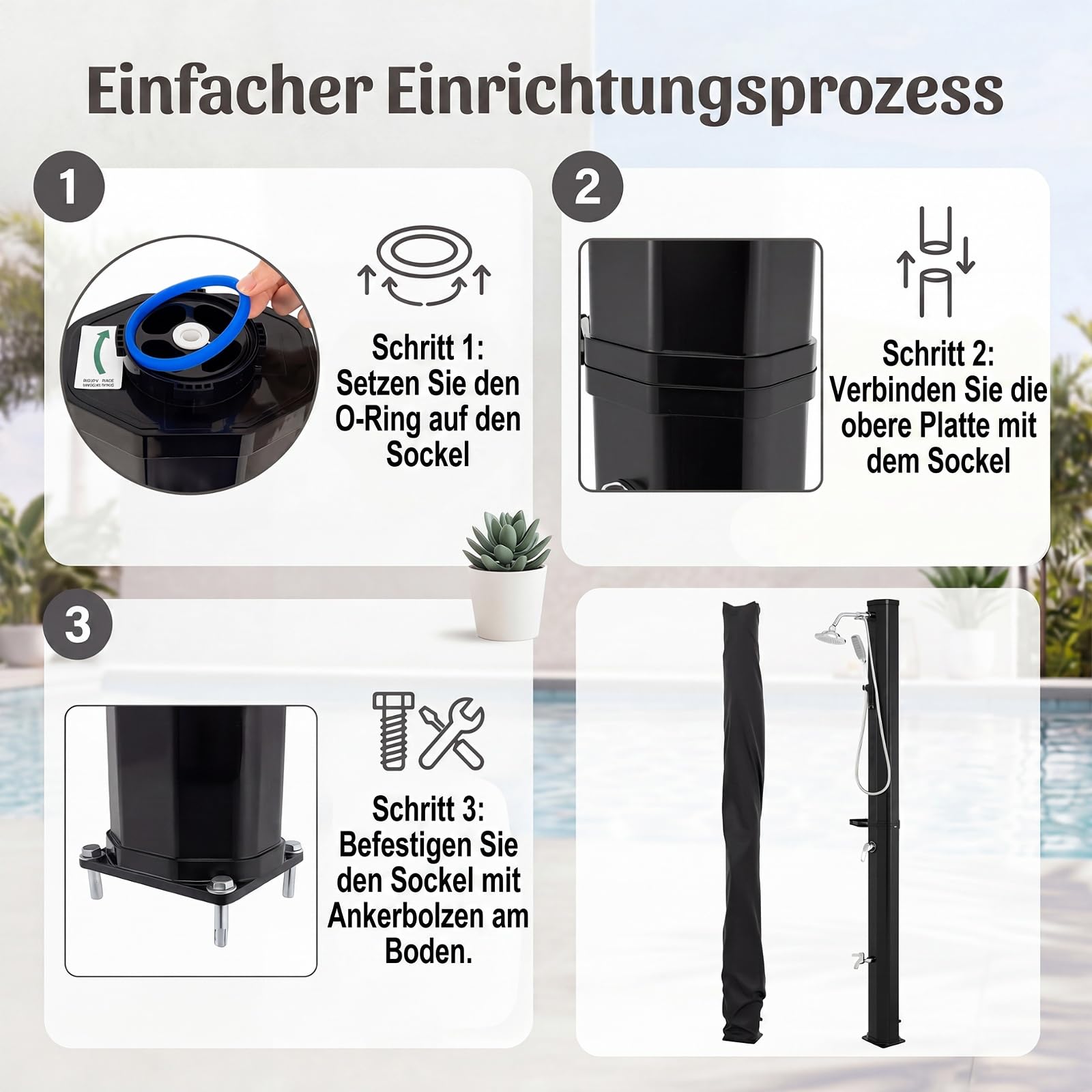 SOARS Solardusche 35L, Gartendusche bis 60°C mit Ablage, Handbrause, 360° Duschkopf & Fußdusche, Campingdusche mit Schutzhülle, Pooldusche, Außendusche für Garten, Pool, Camping & Strand, Schwarz