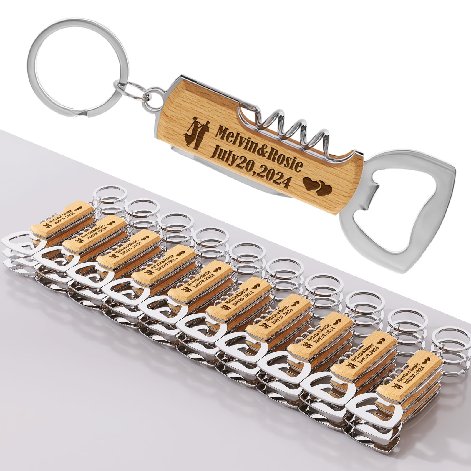 30PCS Personalised Multifunctional Wooden Bottle Opener for Wedding Party, Wedding Favours for Guest,Customised Gifts for Birthday Party,Engraved Bottle Opener Keychains.