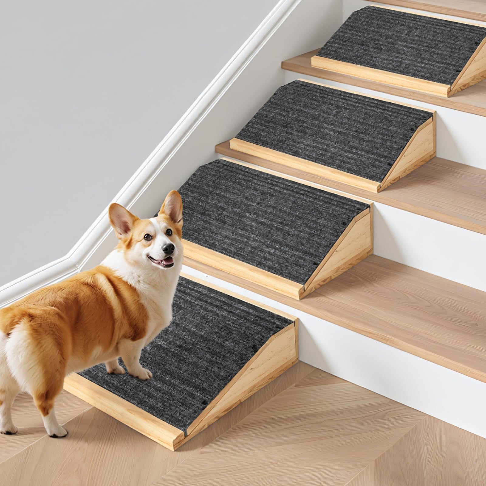 4-Pack Wooden Dog Ramp for Stairs, Anti-Slip Pet Steps for Small Dogs with Carpet Surface, Low-Angled Pet Ramps for Staircase, Steps and Stairs Assist for Injured & Aged Pets