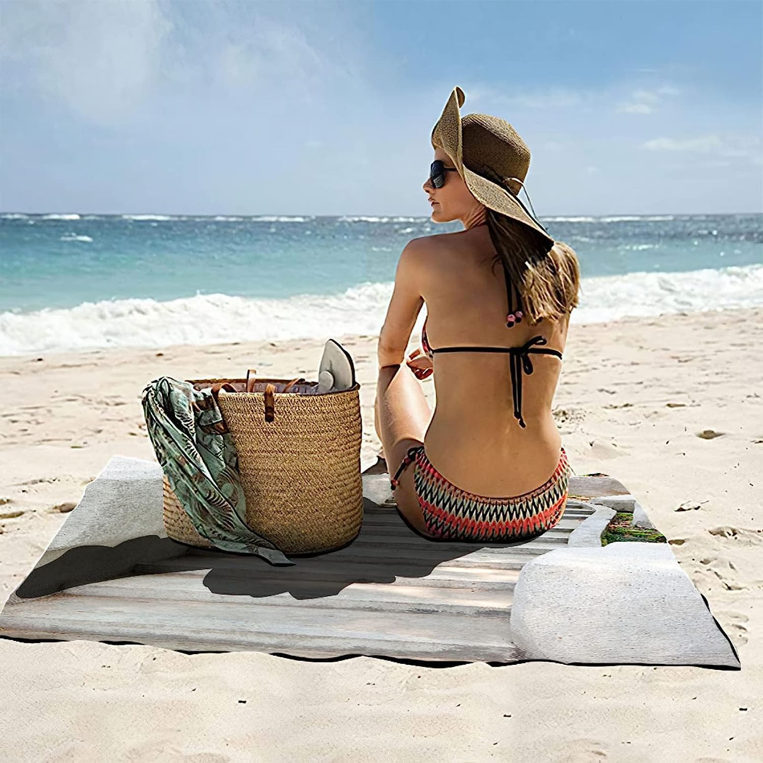 Serviette de Plage 200x200 Femme Homme Enfant, Drap de Plage XXL Serviette Plage Anti Sable à Séchage Rapide Grande Serviette Plage Escaliers, pour Bain, Piscine, Camping Architecture Chinoise A437