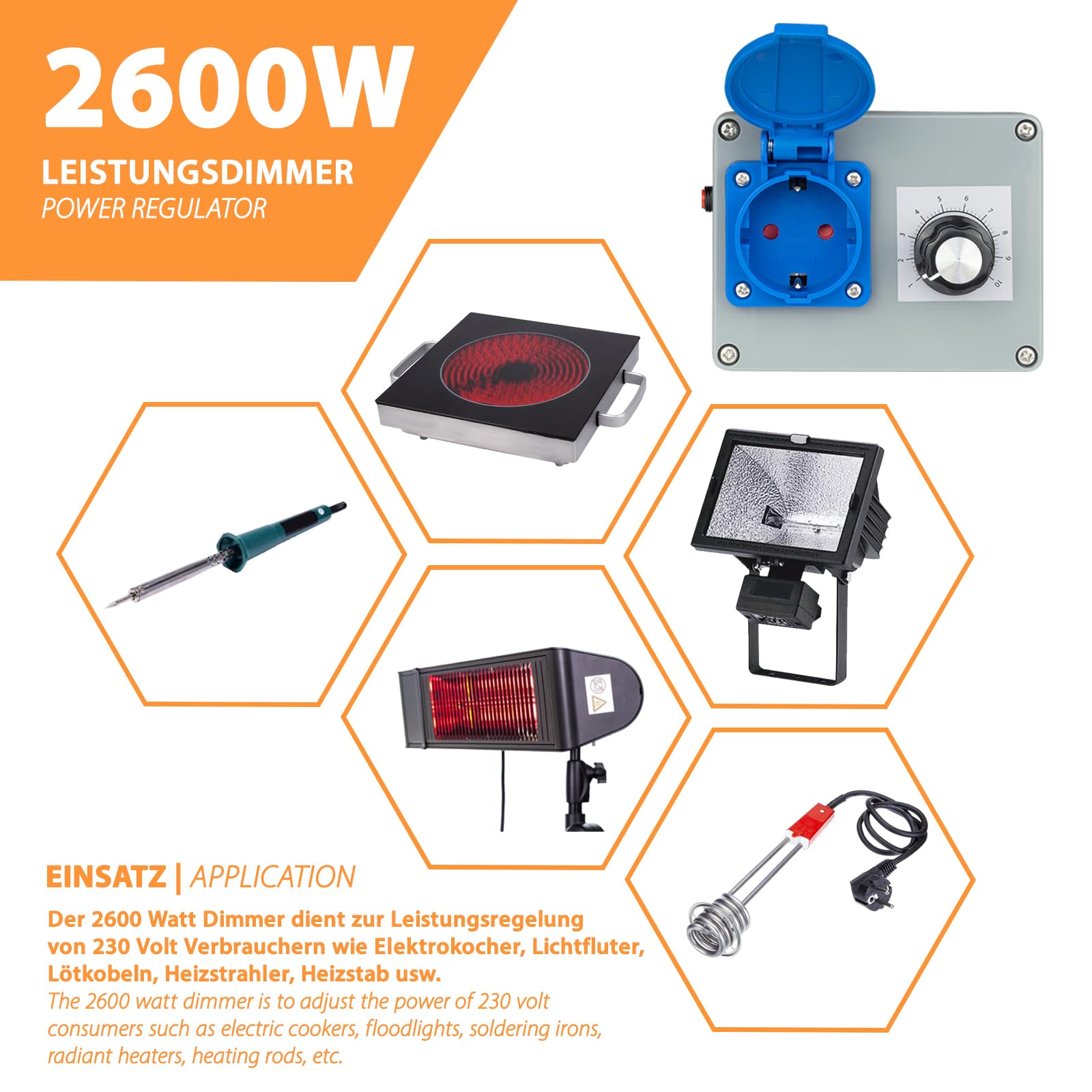 2600 Watt Elektronischer Leistungsdimmer Leistungsregler Dimmer Drehzahlregler Spannungsregler für Lüfter Werkzeug Deckenventilator Winkelschleifer Kreissäge
