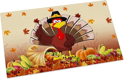 Decor Cartoon Turkey Indoor Doormat Front Door Mats,Fall Thanksgiving Non Slip Entrance Rugs,Orange Maple Leaves Floor Bath Rug for Bedroom Bathroom