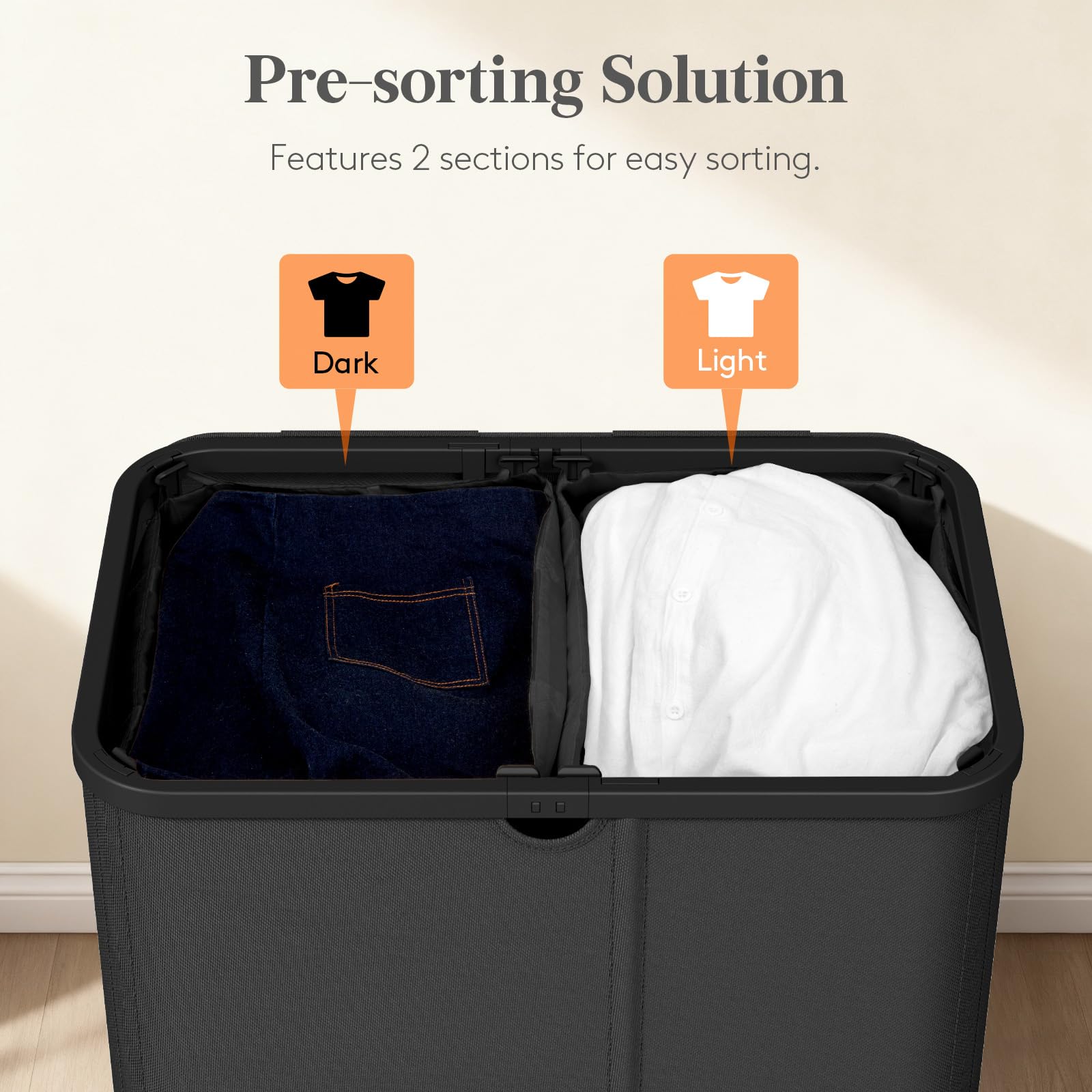 Lifewit Cesto Biancheria Sporca 2 Scomparti, Cesta Panni Sporchi con Sacchi Lavabili, Cesto Portabiancheria, Laundry Basket per Bagno, Camera da Letto e Lavanderia, 165 L, Nero