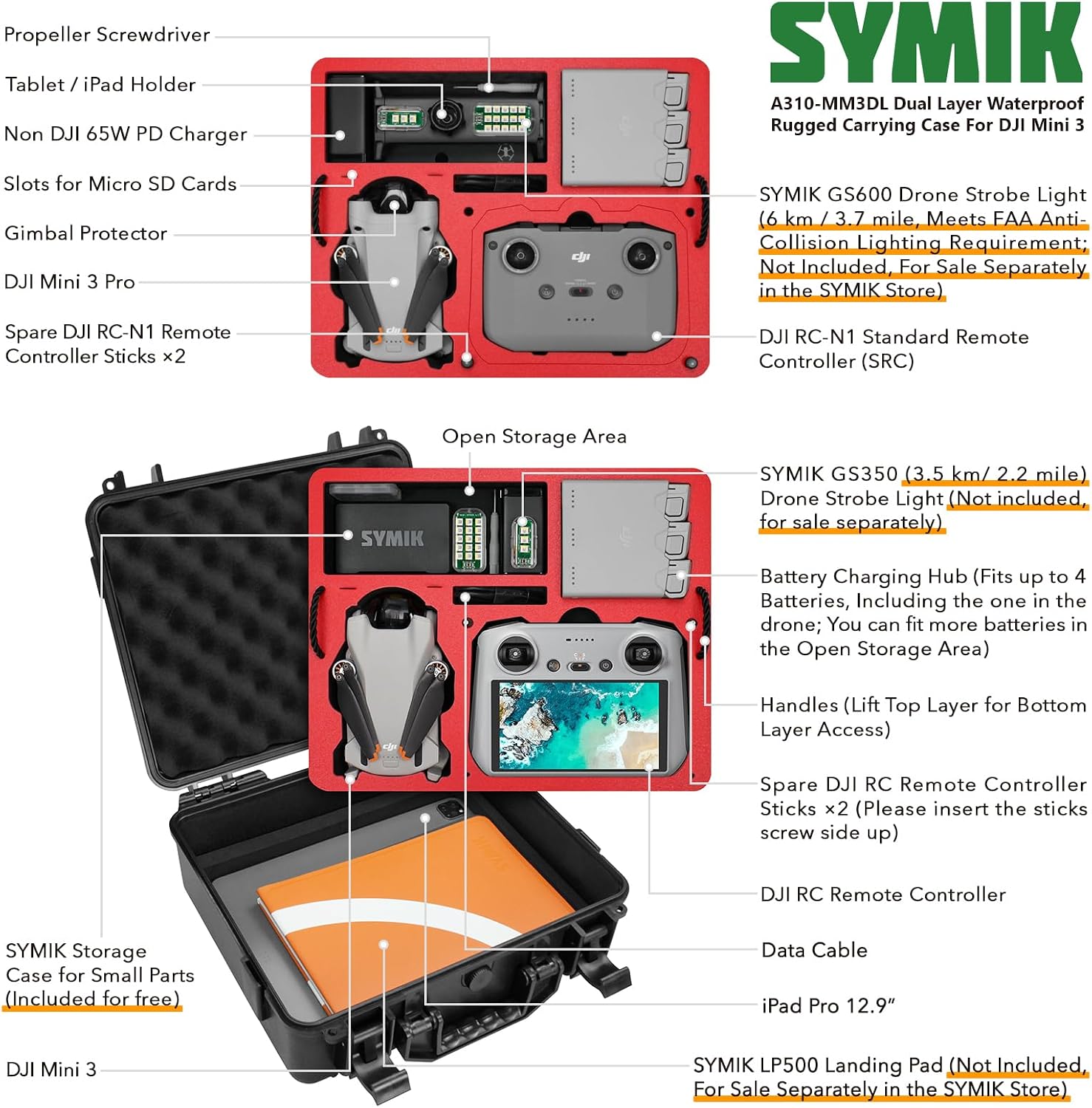 SYMIK A310-MM3DL Mini 3 Pro Dual Layer Waterproof Hard Carrying Case for DJI Mini 3 Pro/Mini 3 /Fly More Combo, Fits DJI RC/RC-N1 Remote, Tablet Holder, Landing Pad, Accessories