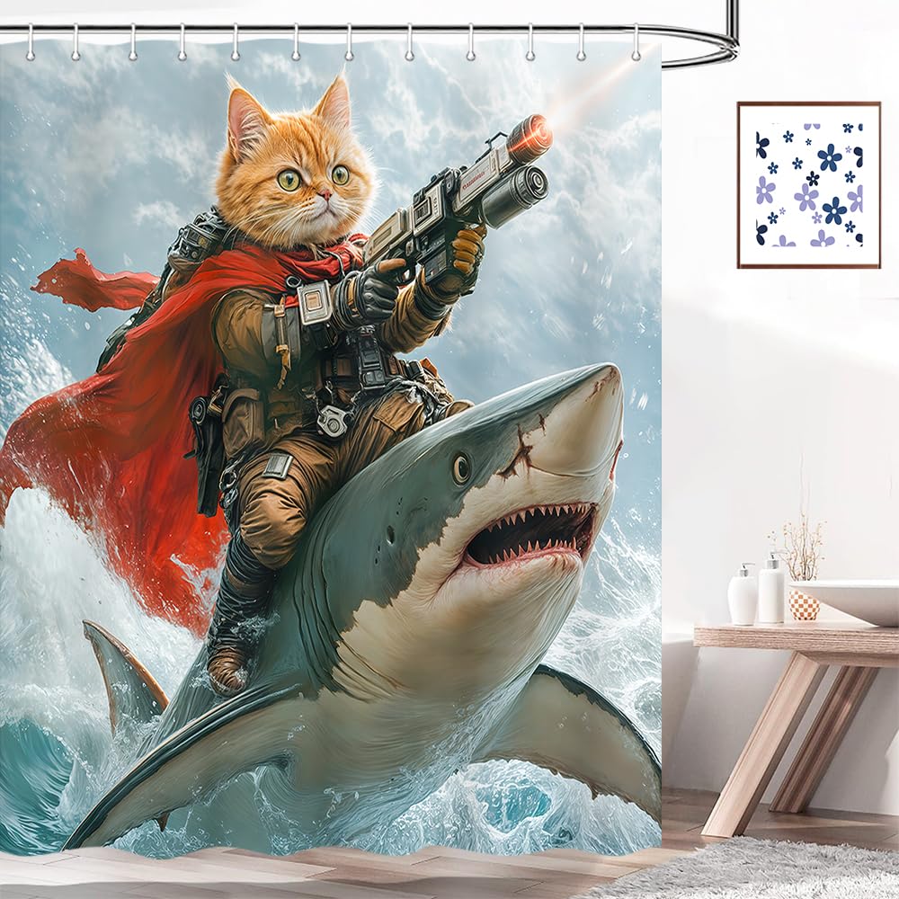 Funny Animal Shower Curtain, Blue Cool Cat Riding Shark Ocean Wave Shower Curtain for Bathroom, Fun Nautical Kids Children Fabric Bath Curtain with 12 Hooks Men Bathroom Decor Accessories,70X70IN