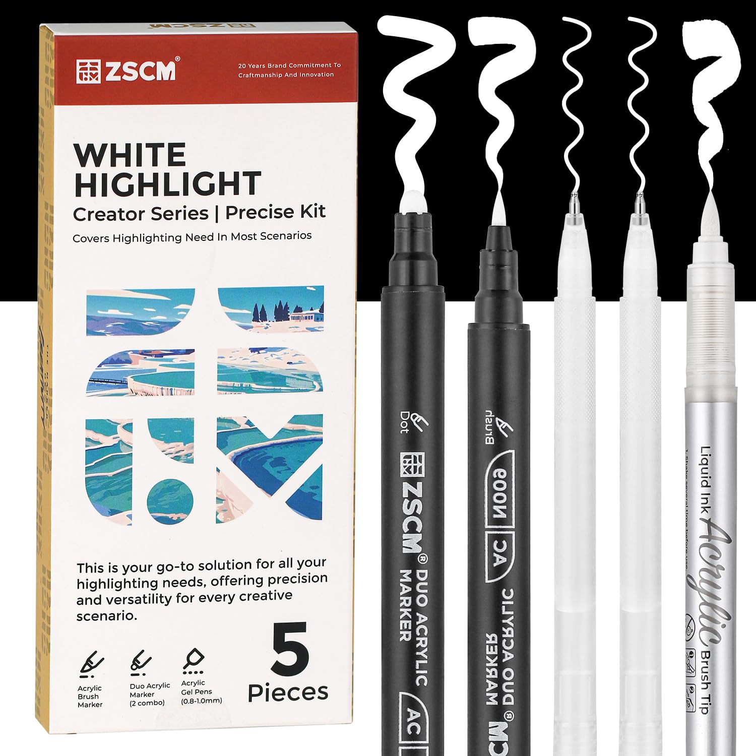 ZSCM 5 Colors White Acrylic Ink Pens for Drawing, Fine Point Acrylic Gel Pens, Opaque Archive Ink Pencils for Drawing on Black Paper, Sketching, Illustration, Design