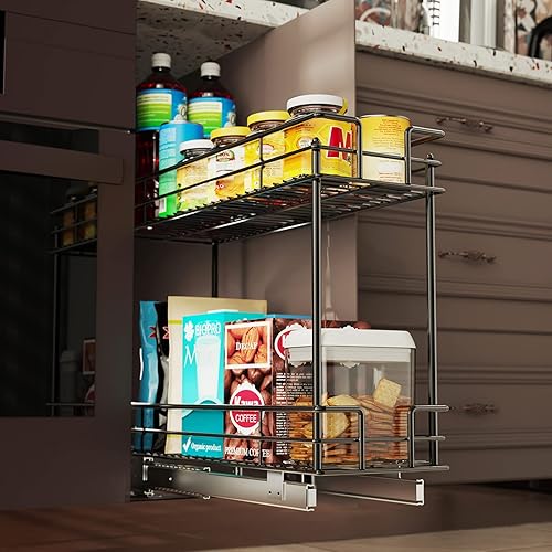 Vista 38 de LOVMOR Organizador de gabinete extraíble de 2 niveles, 14 pulgadas de ancho x 21 pulgadas de profundidad, cajón extraíble cromado para gabinete Plata