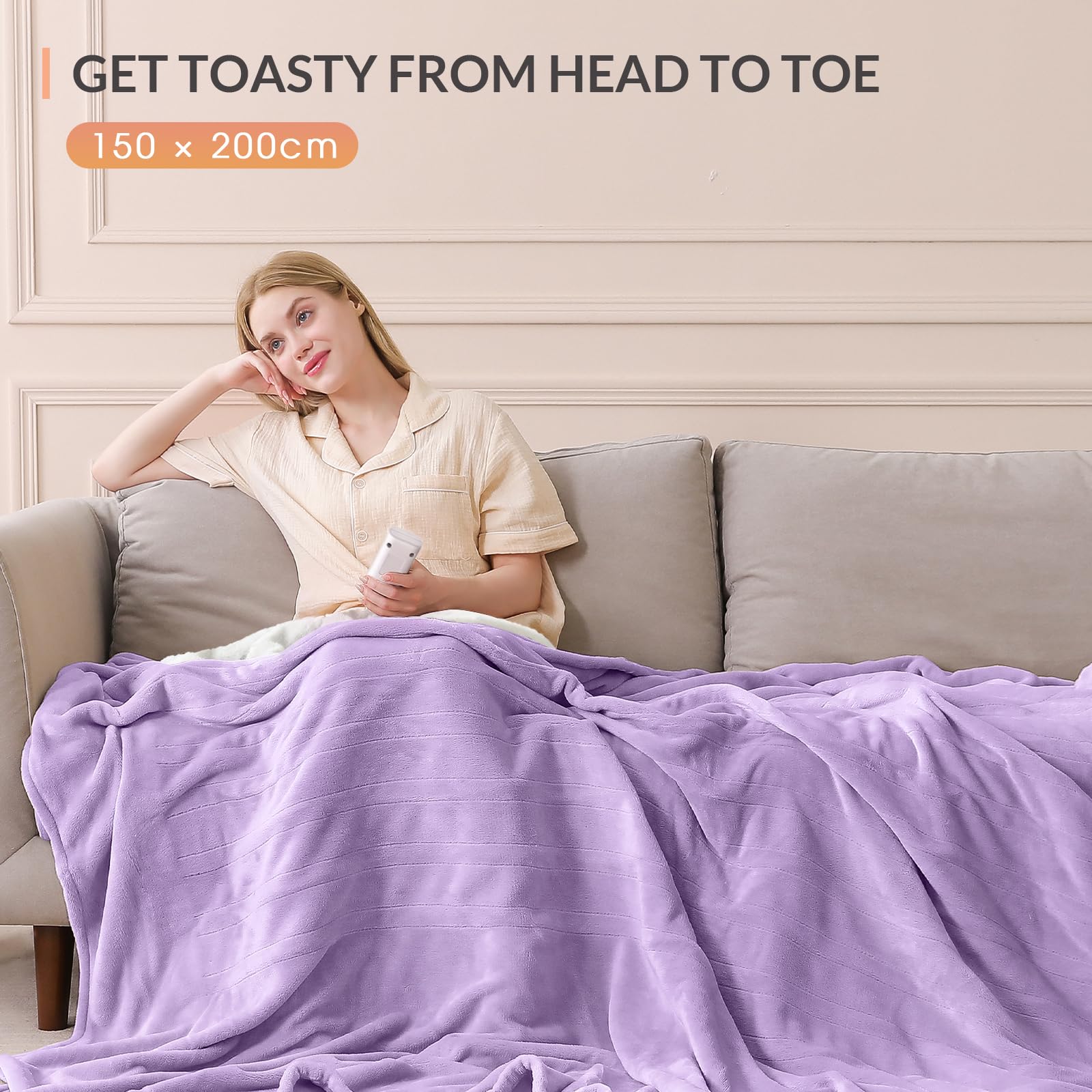 HOMLYNS Coperta riscaldata, 9 impostazioni di calore, timer 10 ore, viola | 200 × 150 cm, certificato UKCA, morbida flanella sherpa, costruita per divano, letto e ufficio, corda da 220 cm