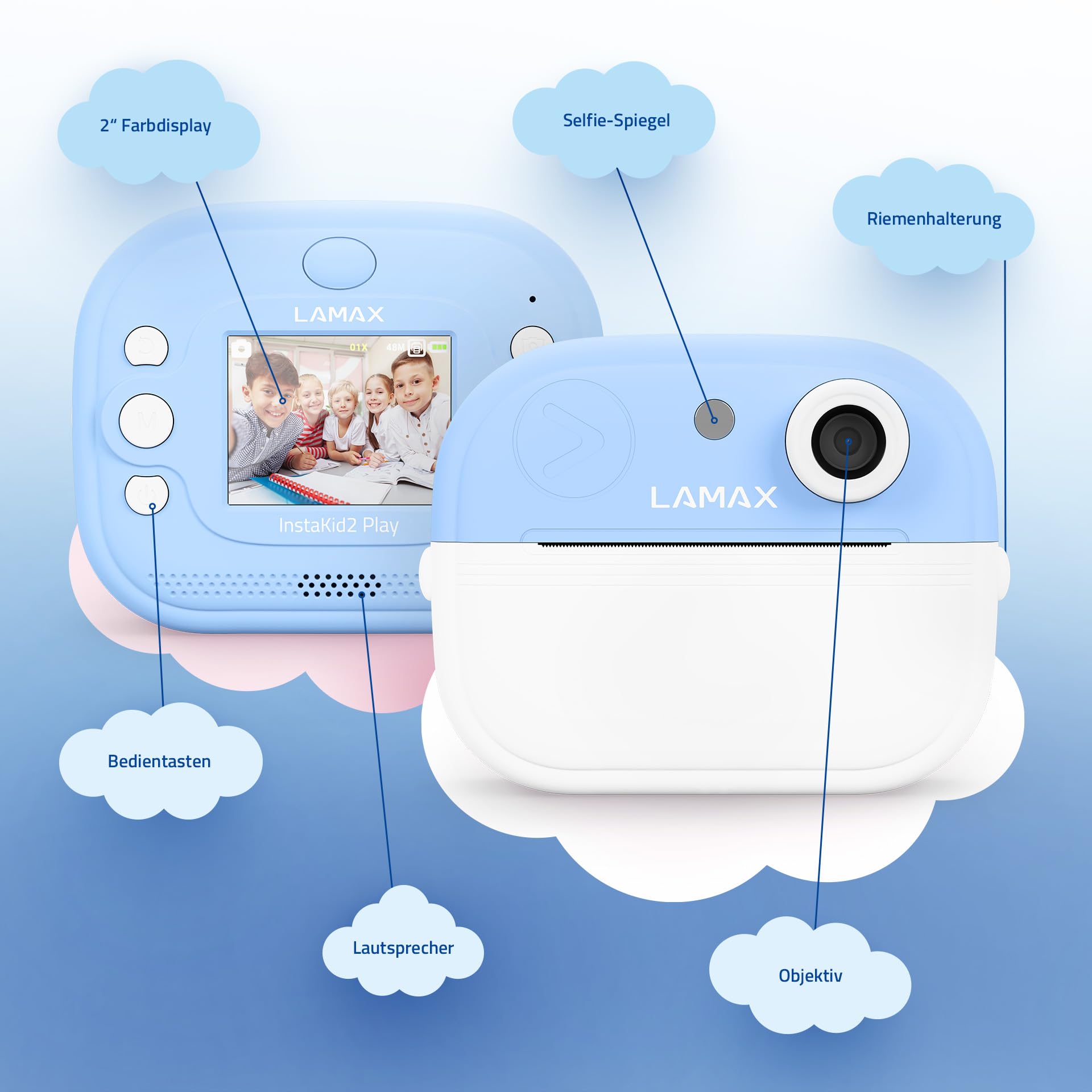 LAMAX InstaKid2 Play Blue Kinderkamera Digitalkamera mit Thermodruck ohne Tinte USB-C 2 Rolle Thermopapier
