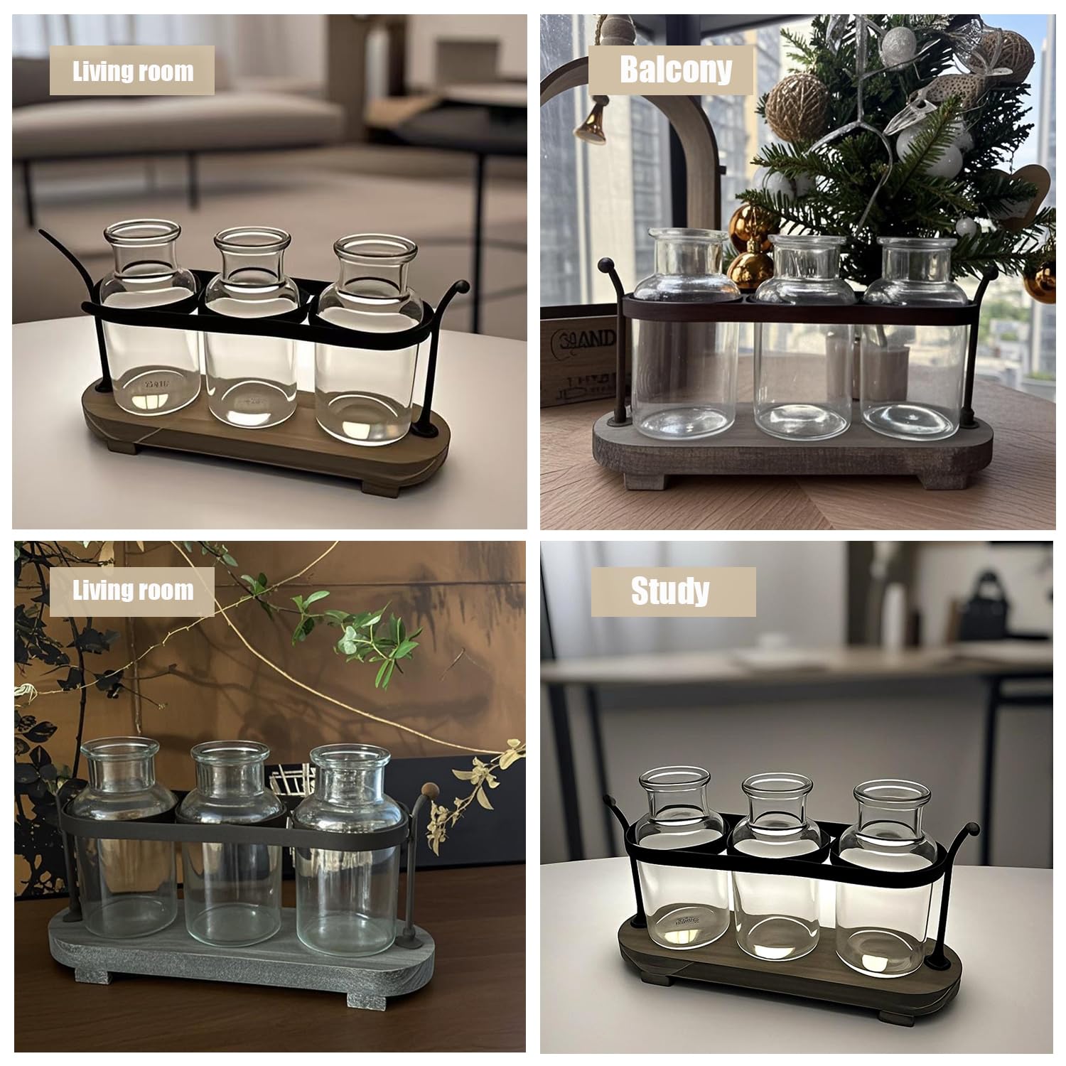 Anzuchtstationen mit rustikalem Holz-Metallständer, Glasvasen-Set mit Weidenkorbhalter, 3 Flaschen, rustikales Bauernhaus-Dekor, Heim- und Büro-Tischdekoration (Set mit 3 Flaschen)