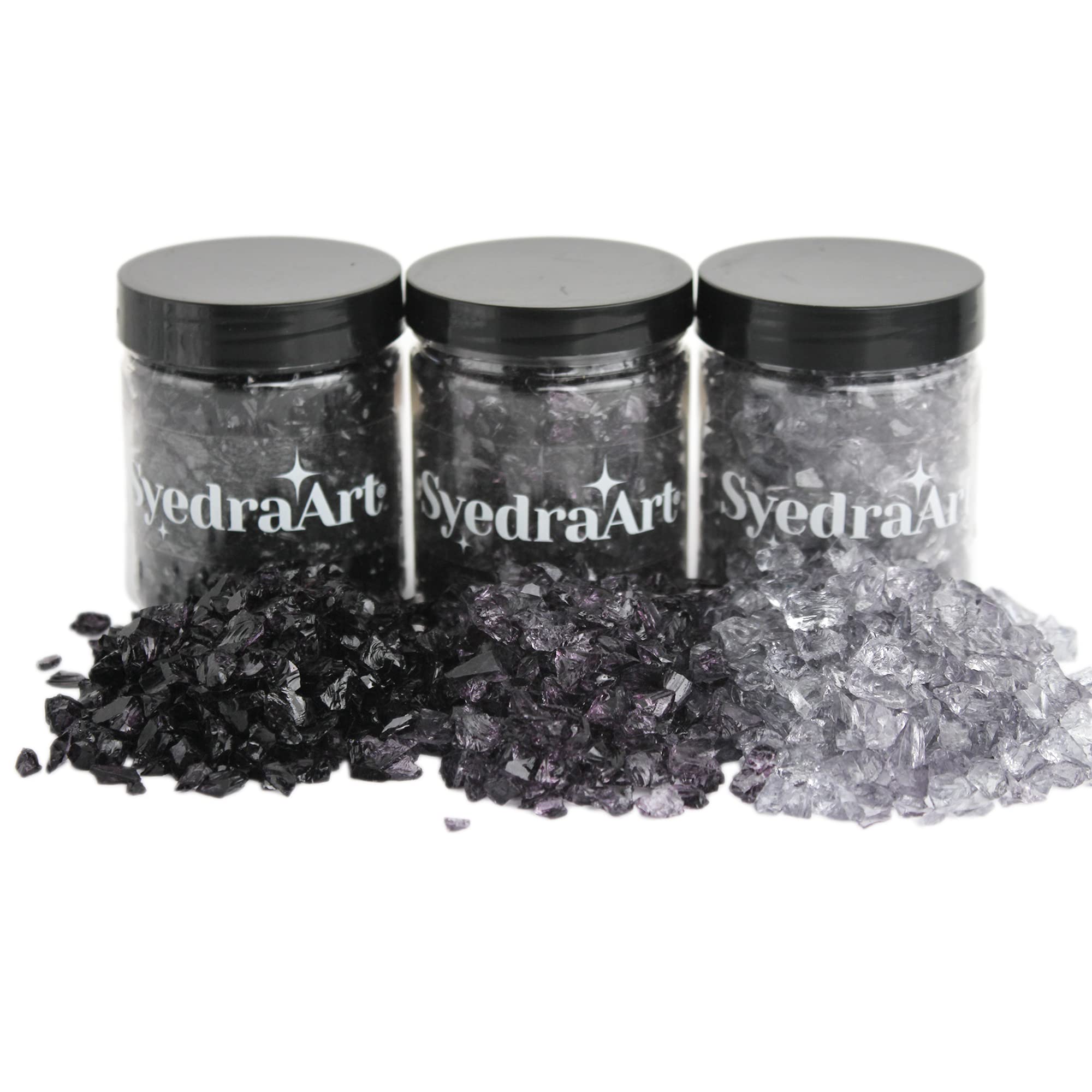 Syedra Crushed Glass for Crafts,Set of 3, High Luster Chips, Glitter,Broken Glass Pieces, 3-6mm, 1LB (Black)