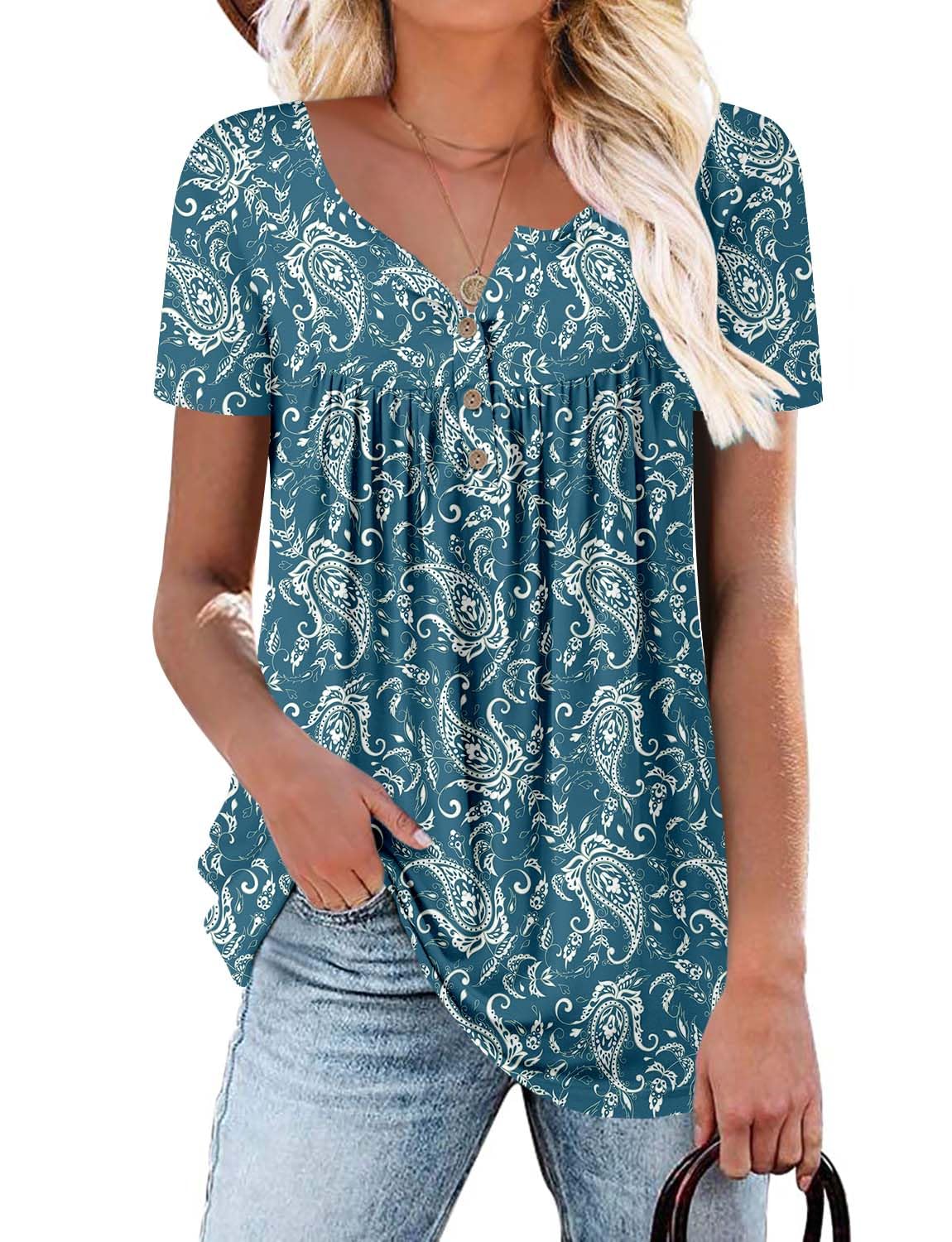 KISSMODA Ladies Pleated Tunic Tops for Women Buttons up Long Sleeve Shirts Floral Print — view 33