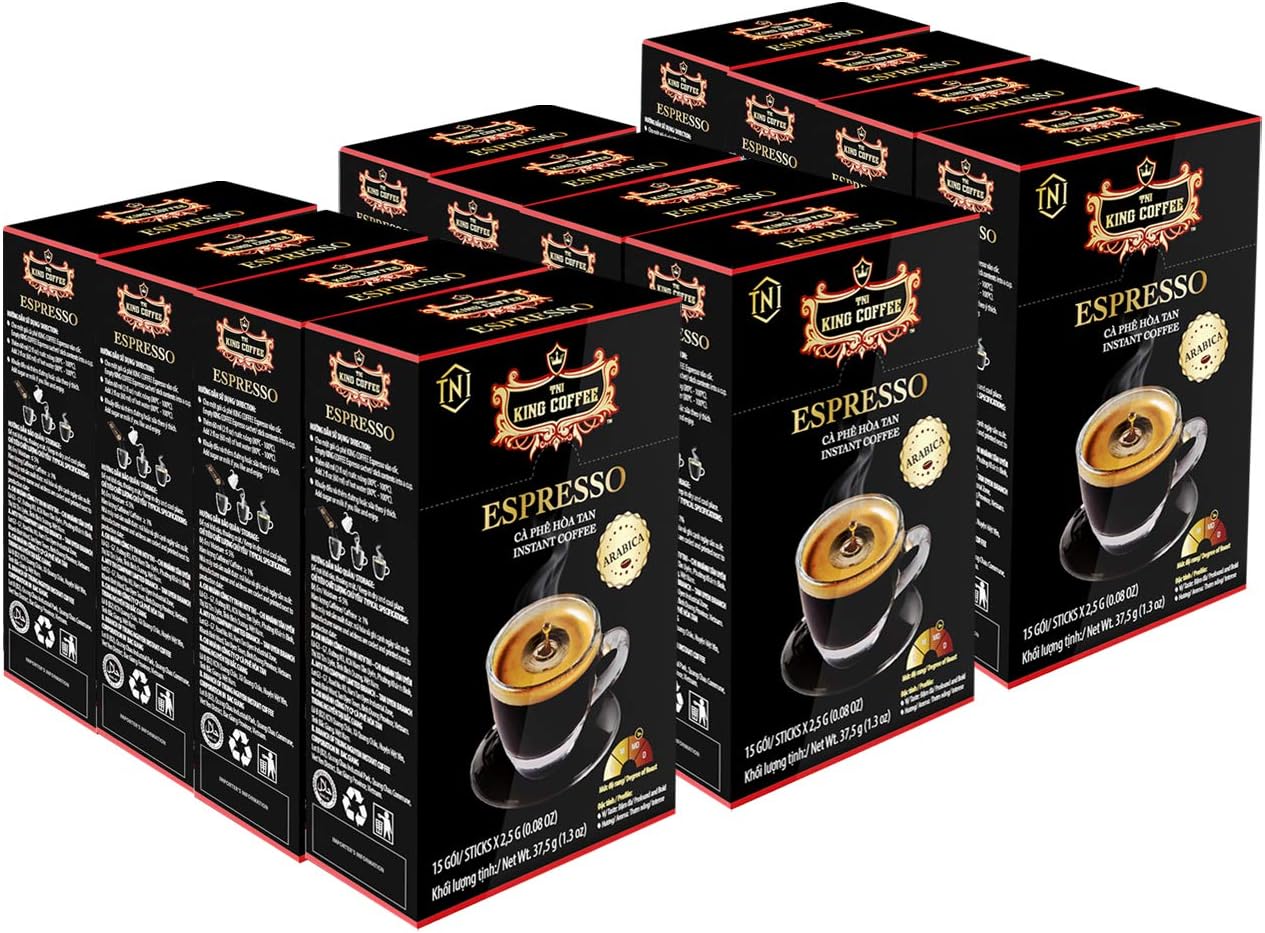 King Coffee Espresso Instant Coffee Vietnamese Coffee, Trung Nguyen International, Arabica Instant Coffee Mix, Medium Roast, 15 Sticks Per Box x 2.5g, Pack of 12