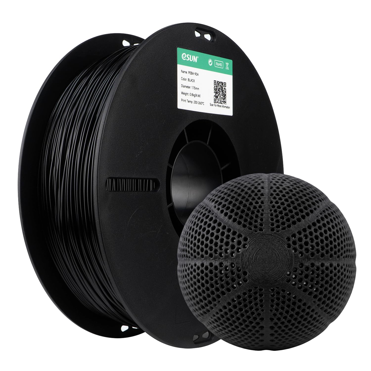 eSUN PEBA-90A Filament 1,75 mm, Schwarz, 0.8KG | Maßgenauigkeit +/- 0,05 mm, 0,8KG pro Spule für 3D-Drucker